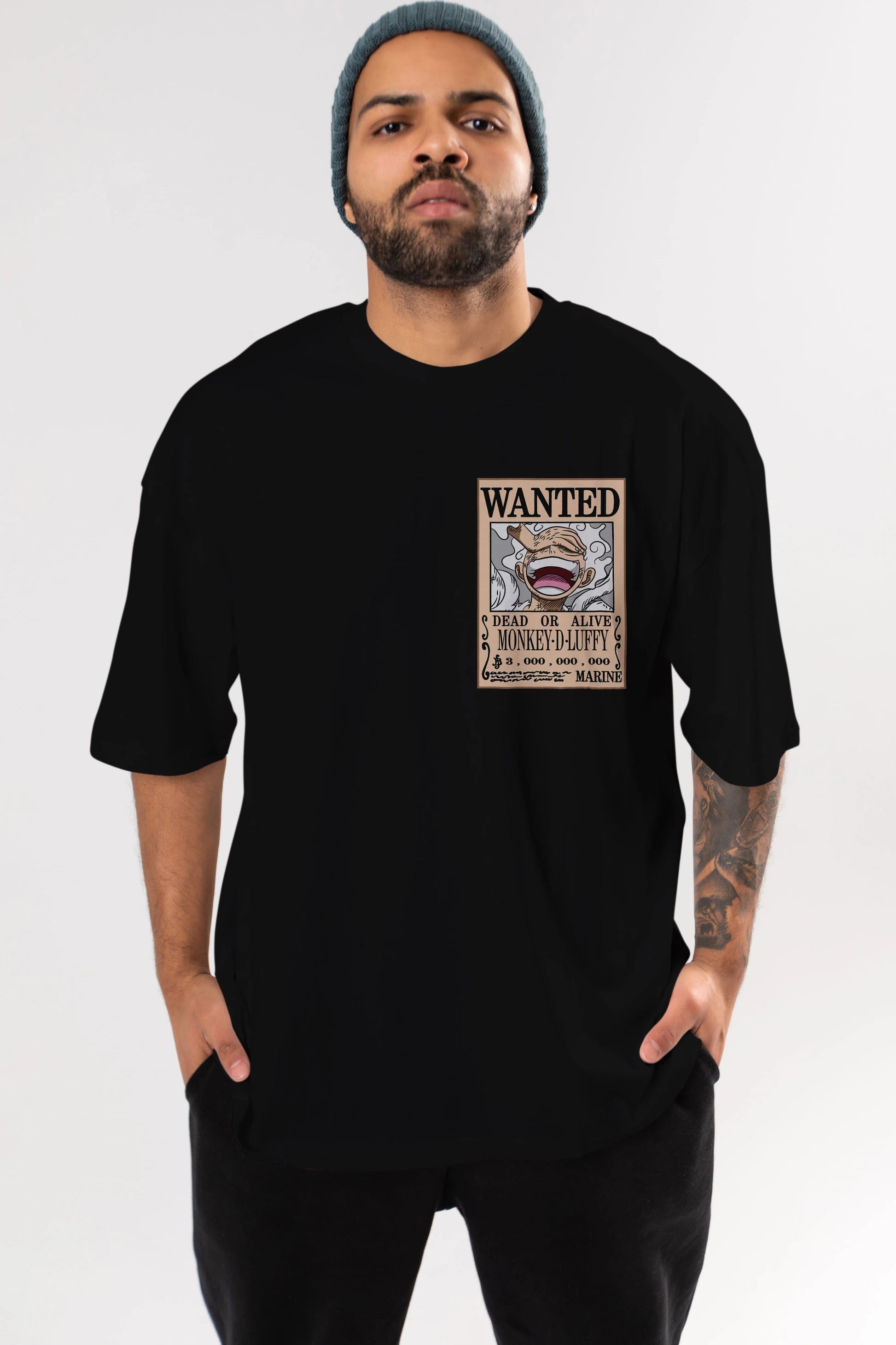 CARTEL LUFFY GEAR 5 Ön Sol Baskılı Oversize t-shirt Erkek Kadın Unisex %100 Pamuk Bisiklet Yaka tişort