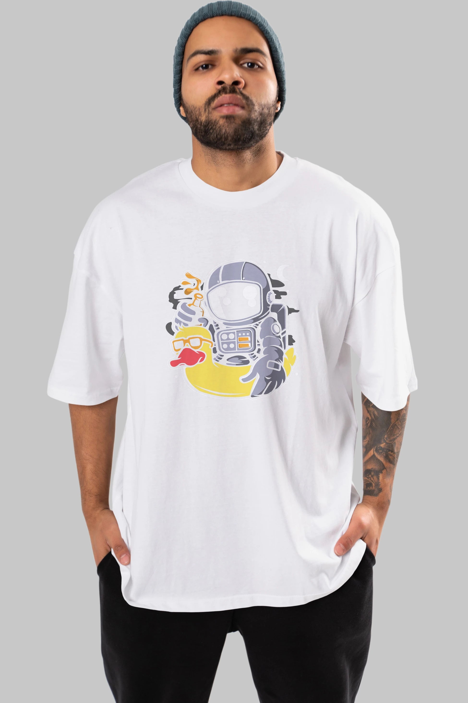 Astronaut Duck Balloon Ön Baskılı Oversize t-shirt Erkek Kadın Unisex
