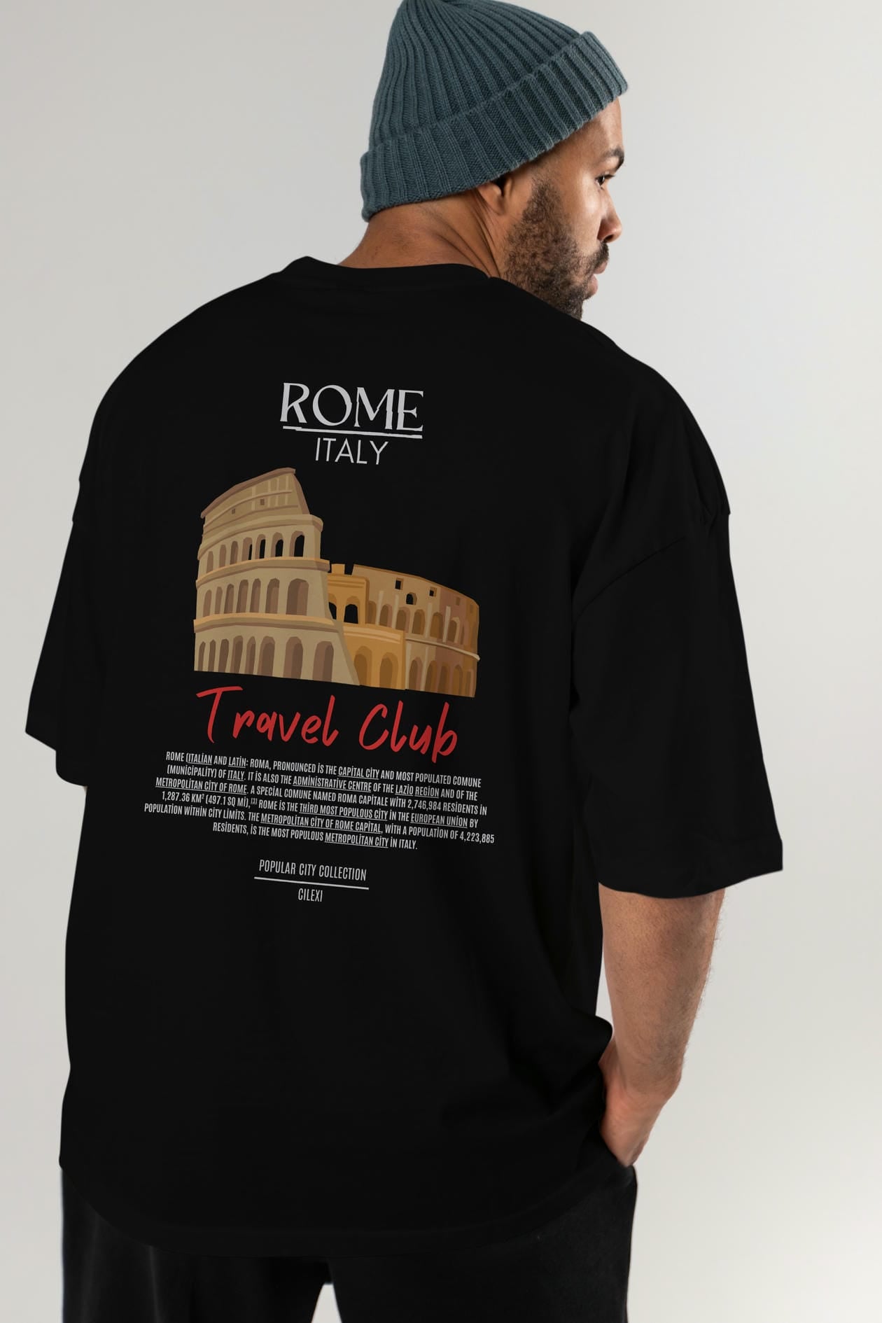 Roma İtaly Arka Baskılı Oversize t-shirt Erkek Kadın Pamuk Bisiklet Yaka tişort