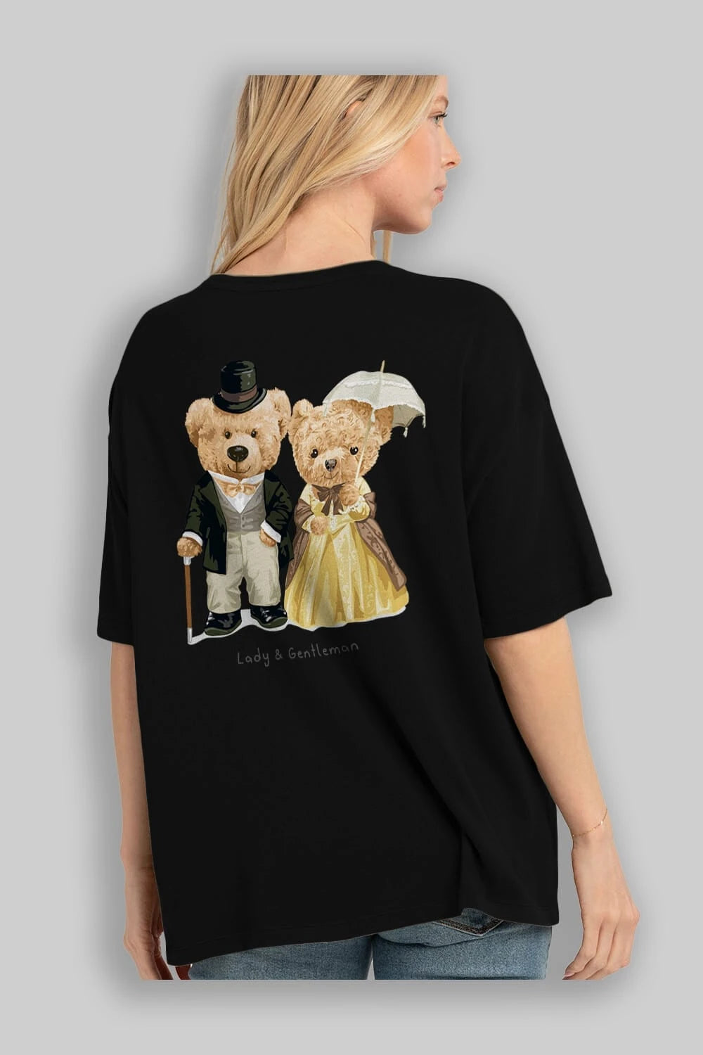 Teddy Bear Couple Arka Baskılı Oversize t-shirt Erkek Kadın Unisex %100 Pamuk