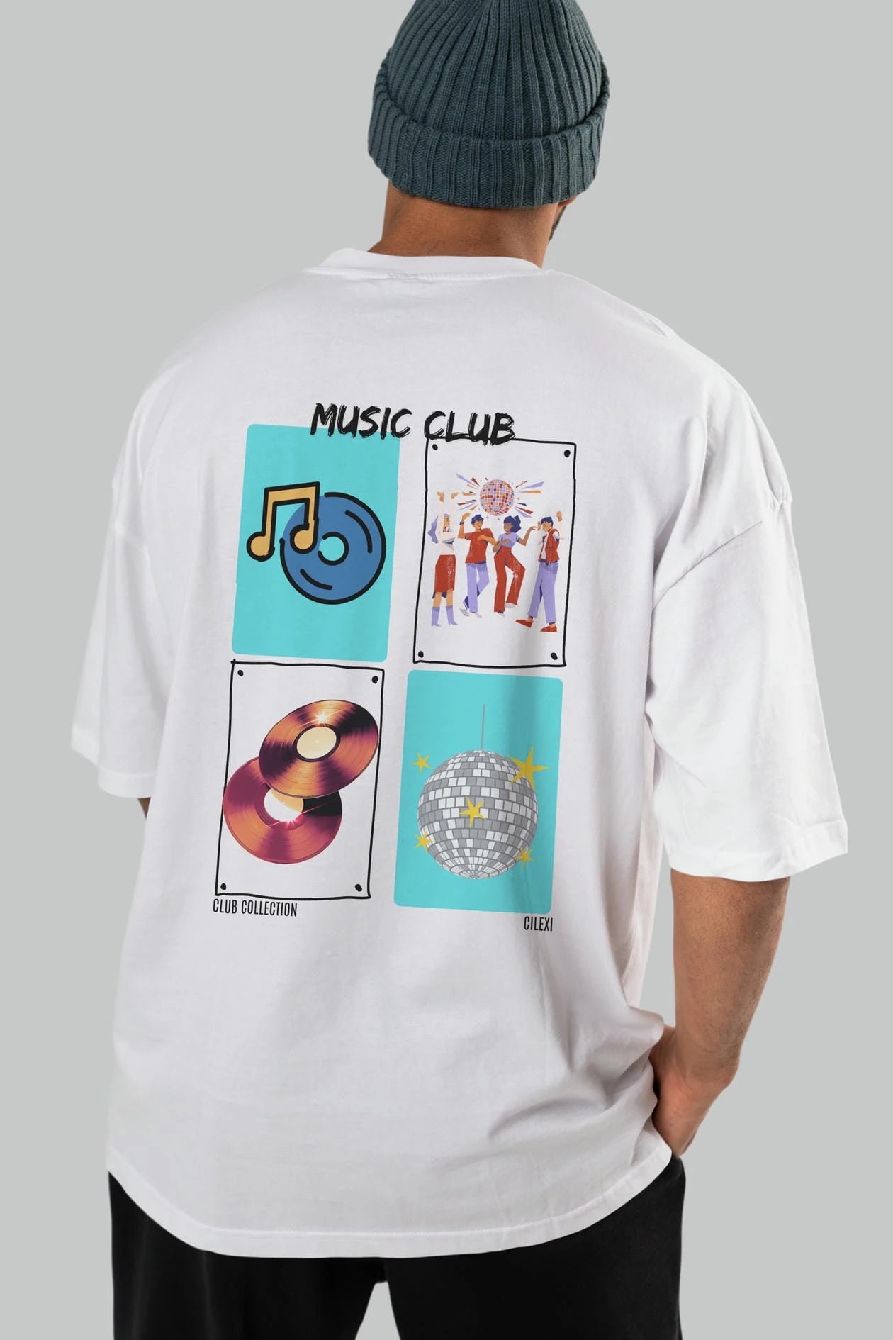 Music Club Arka Baskılı Oversize t-shirt Erkek Kadın %100 Pamuk Bisiklet Yaka tişort
