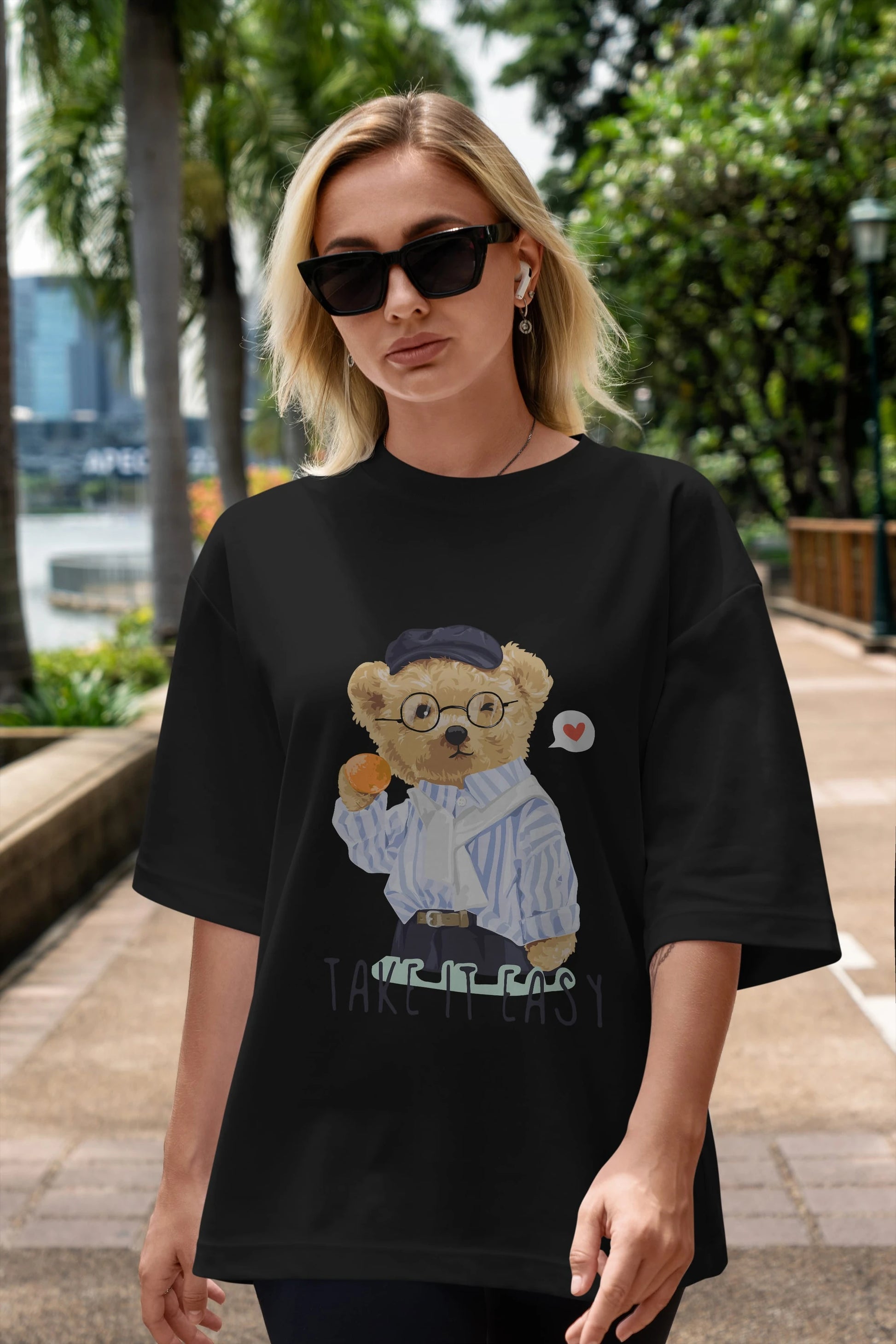 Teddy Bear Take it Easy Ön Baskılı Oversize t-shirt Erkek Kadın Unisex %100 Pamuk