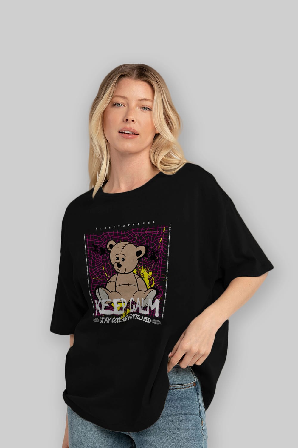 Keep Calm Bear Ön Baskılı Oversize t-shirt Erkek Kadın Unisex