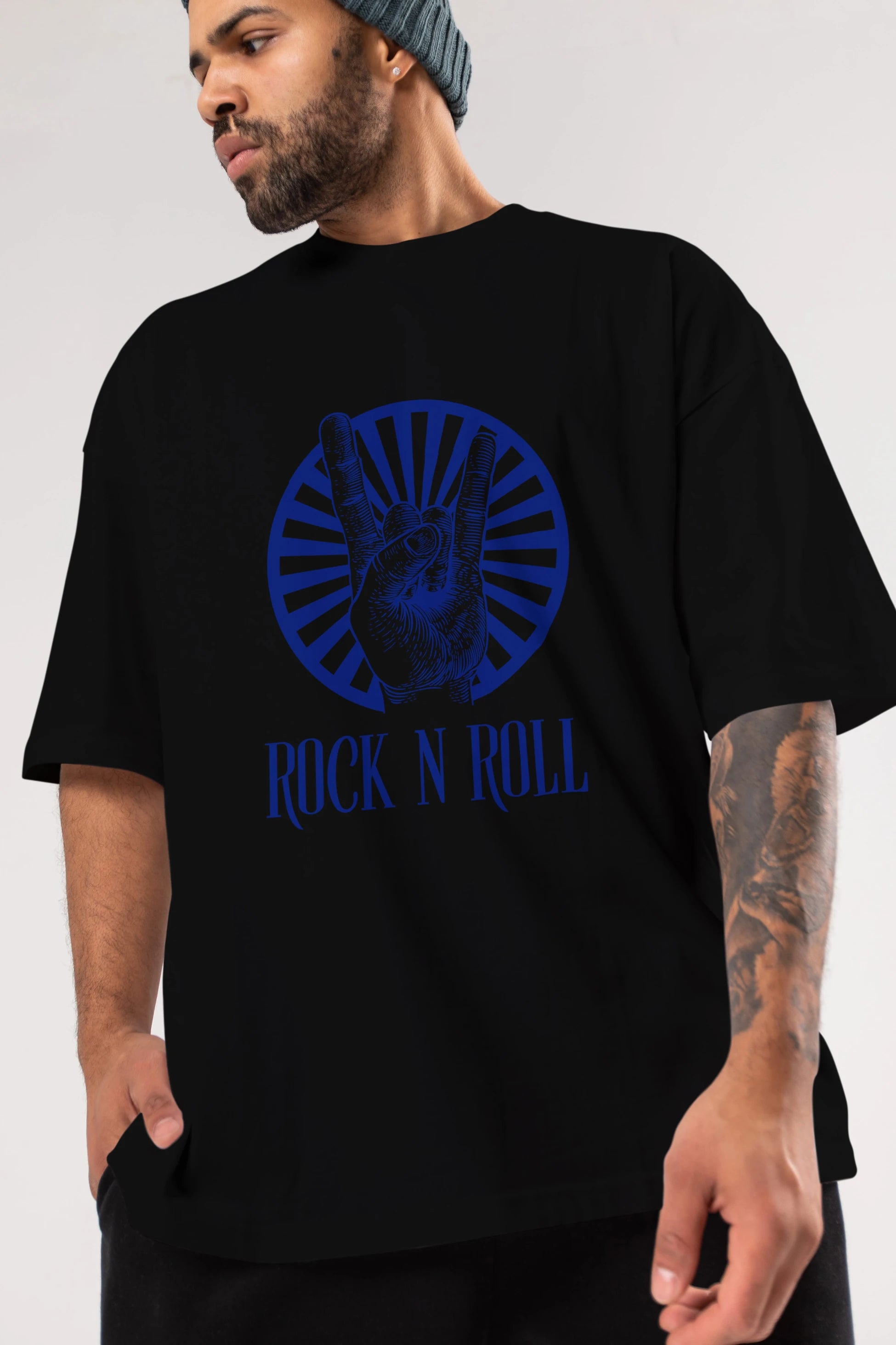 Rock N Roll Yazılı Ön Baskılı Oversize t-shirt Erkek Kadın Unisex