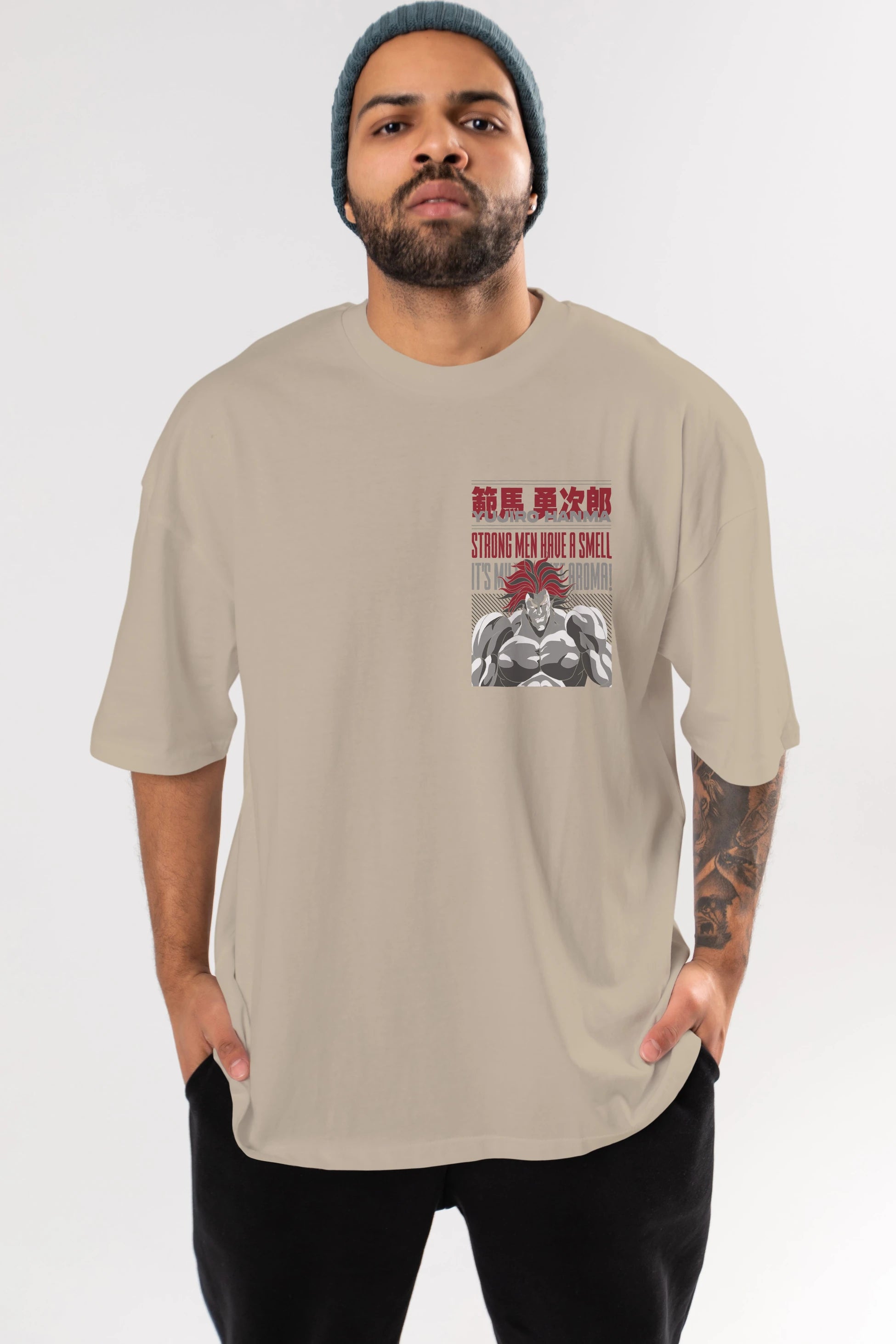 YUJIRO HANMA Ön Sol Baskılı Oversize t-shirt Erkek Kadın Unisex %100 Pamuk Bisiklet Yaka tişort