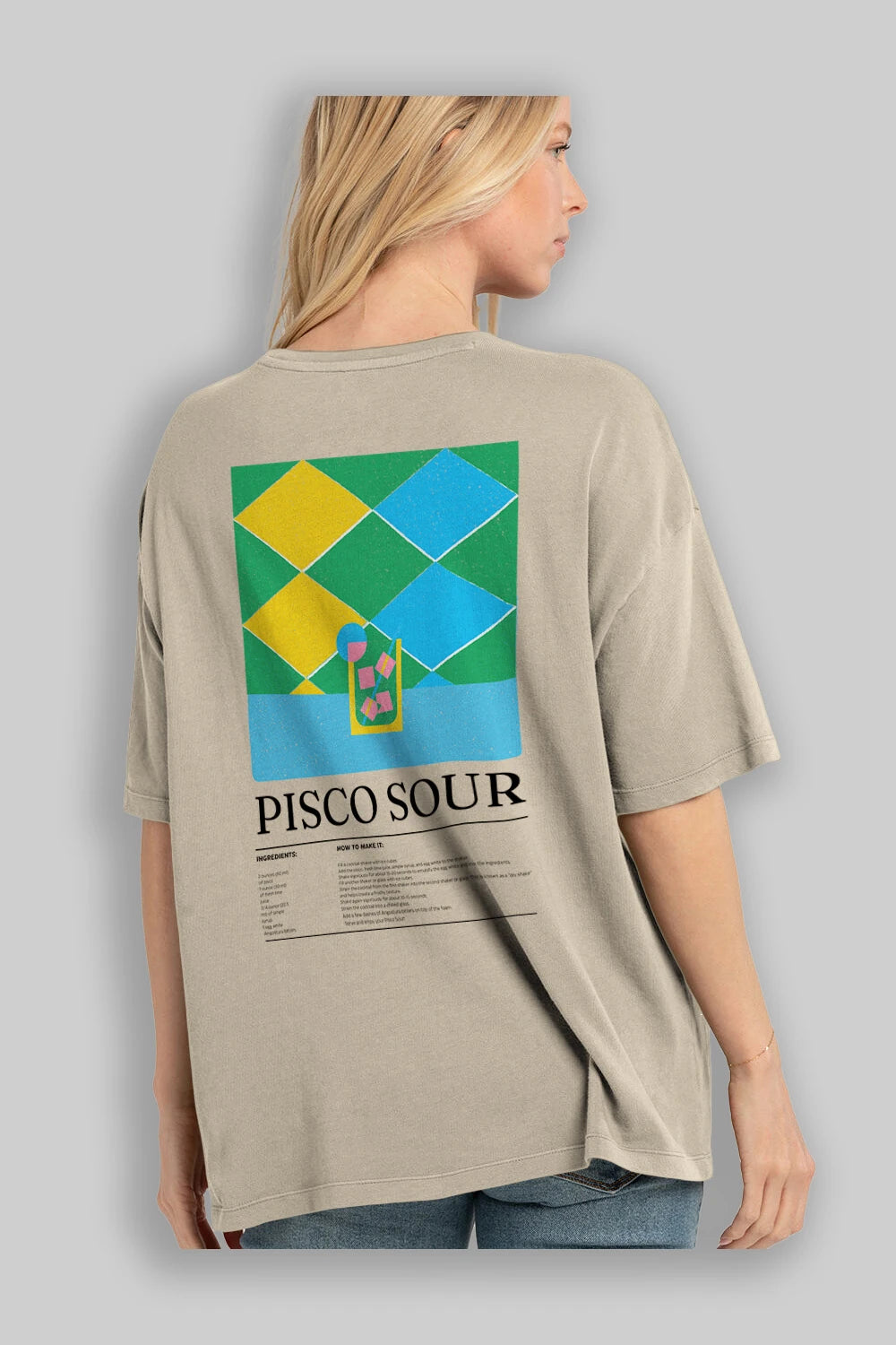 Pisco Sour Kokteyl Serisi Arka Baskılı Oversize t-shirt Erkek Kadın %100 Pamuk Bisiklet Yaka tişort