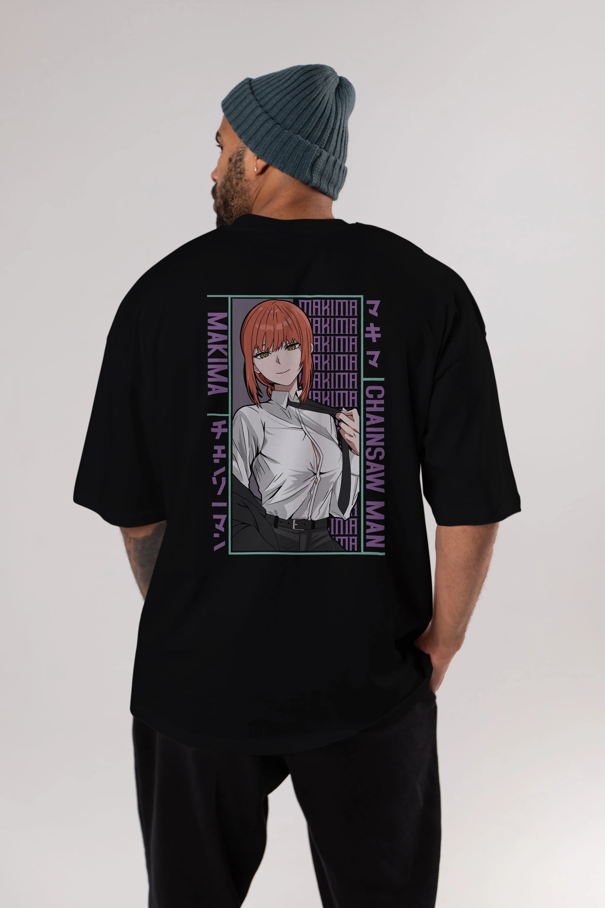 Makima Chain Saw Man Anime Arka Baskılı Oversize t-shirt Erkek Kadın Unisex