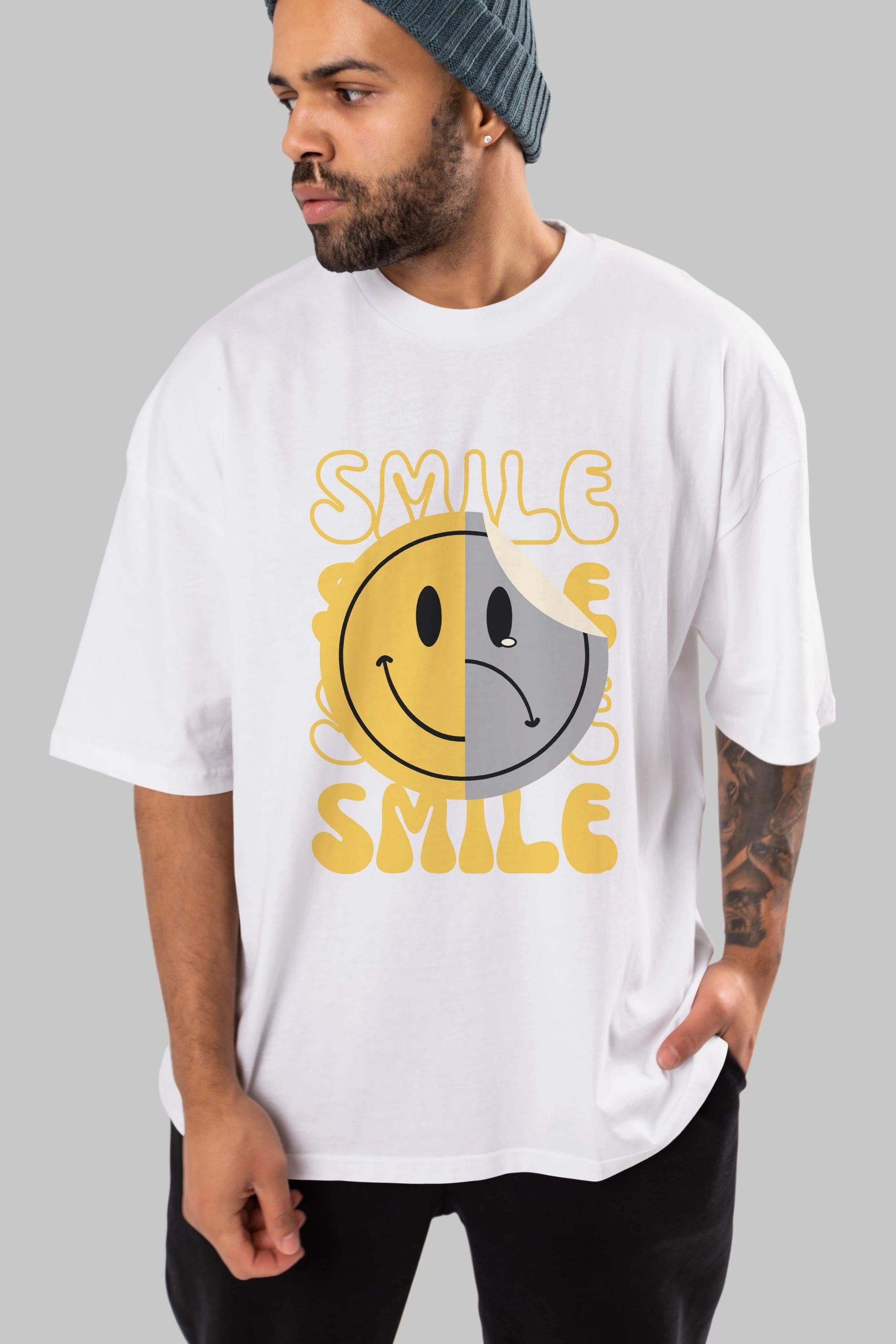 Smile Yazılı Ön Baskılı Oversize t-shirt Erkek Kadın Unisex