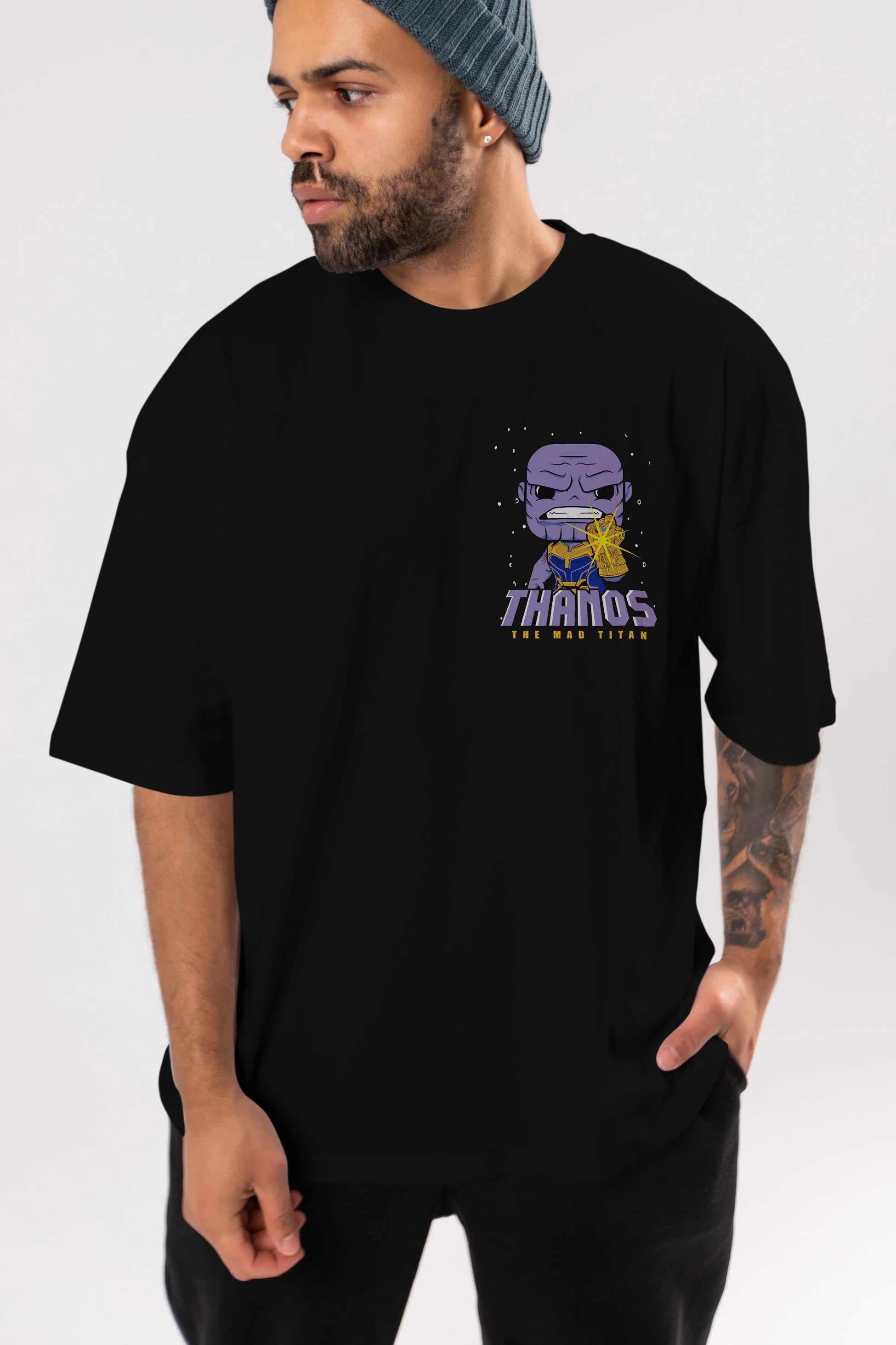 Thanos (1) Ön Sol Baskılı Oversize t-shirt Erkek Kadın Unisex %100 Pamuk Bisiklet Yaka tişort