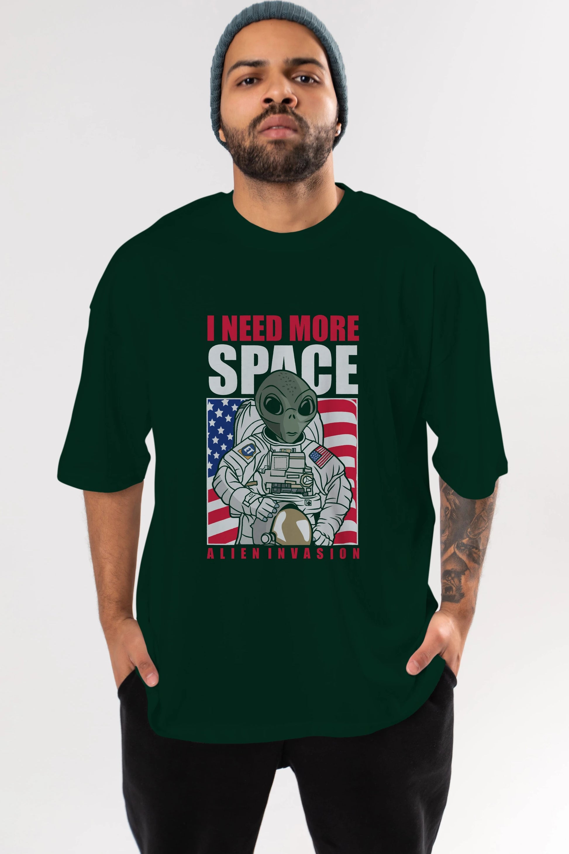 Alien Astronaut Ön Baskılı Oversize t-shirt Erkek Kadın Unisex %100 Pamuk tişort