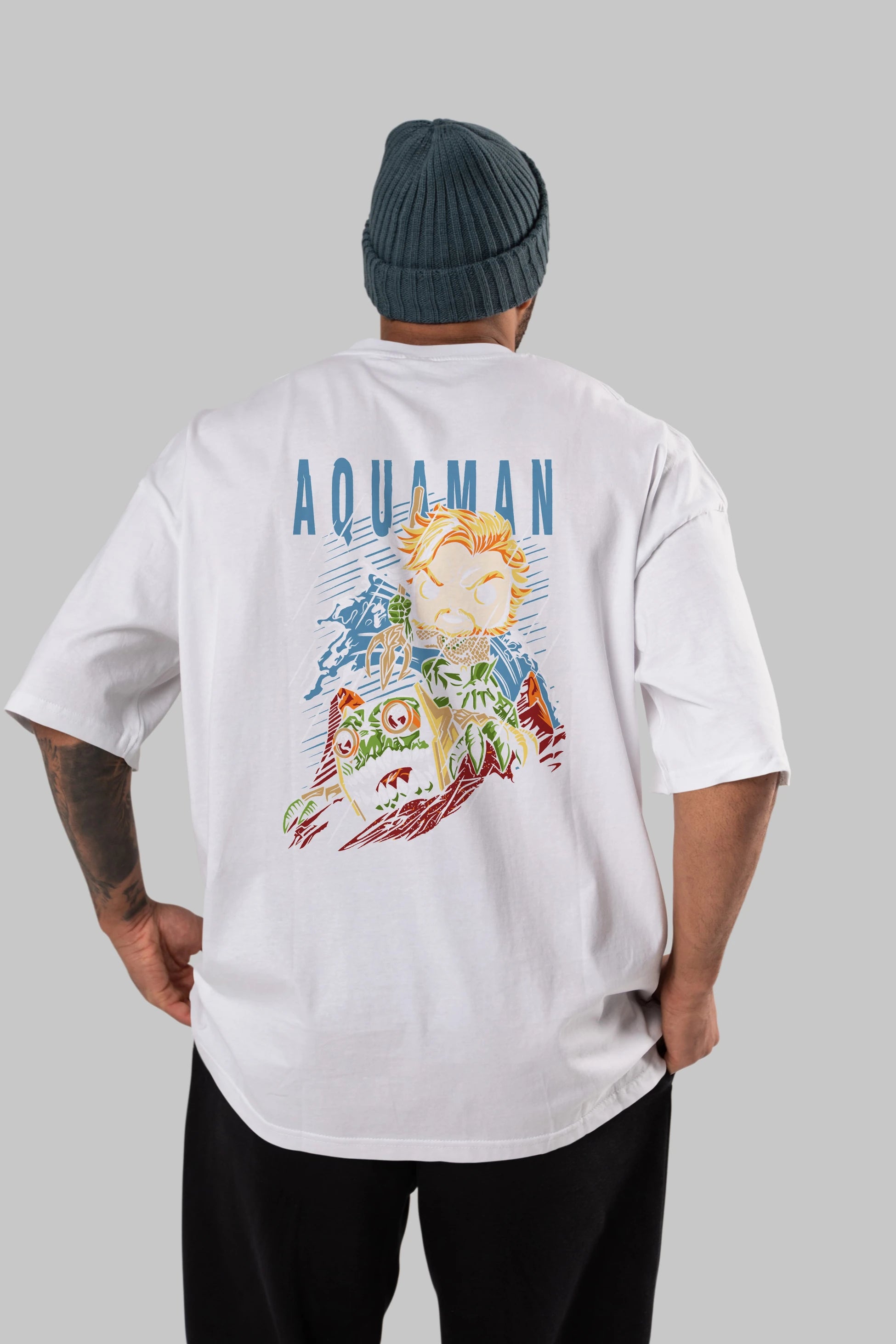 Aquaman Arka Baskılı Oversize t-shirt Erkek Kadın Unisex %100 Pamuk Bisiklet Yaka tişort