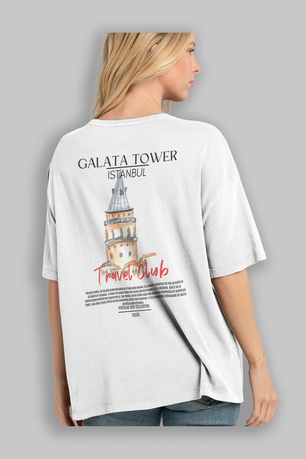 Galata Tower İstanbul Arka Baskılı Oversize t-shirt Erkek Kadın Pamuk Bisiklet Yaka tişort