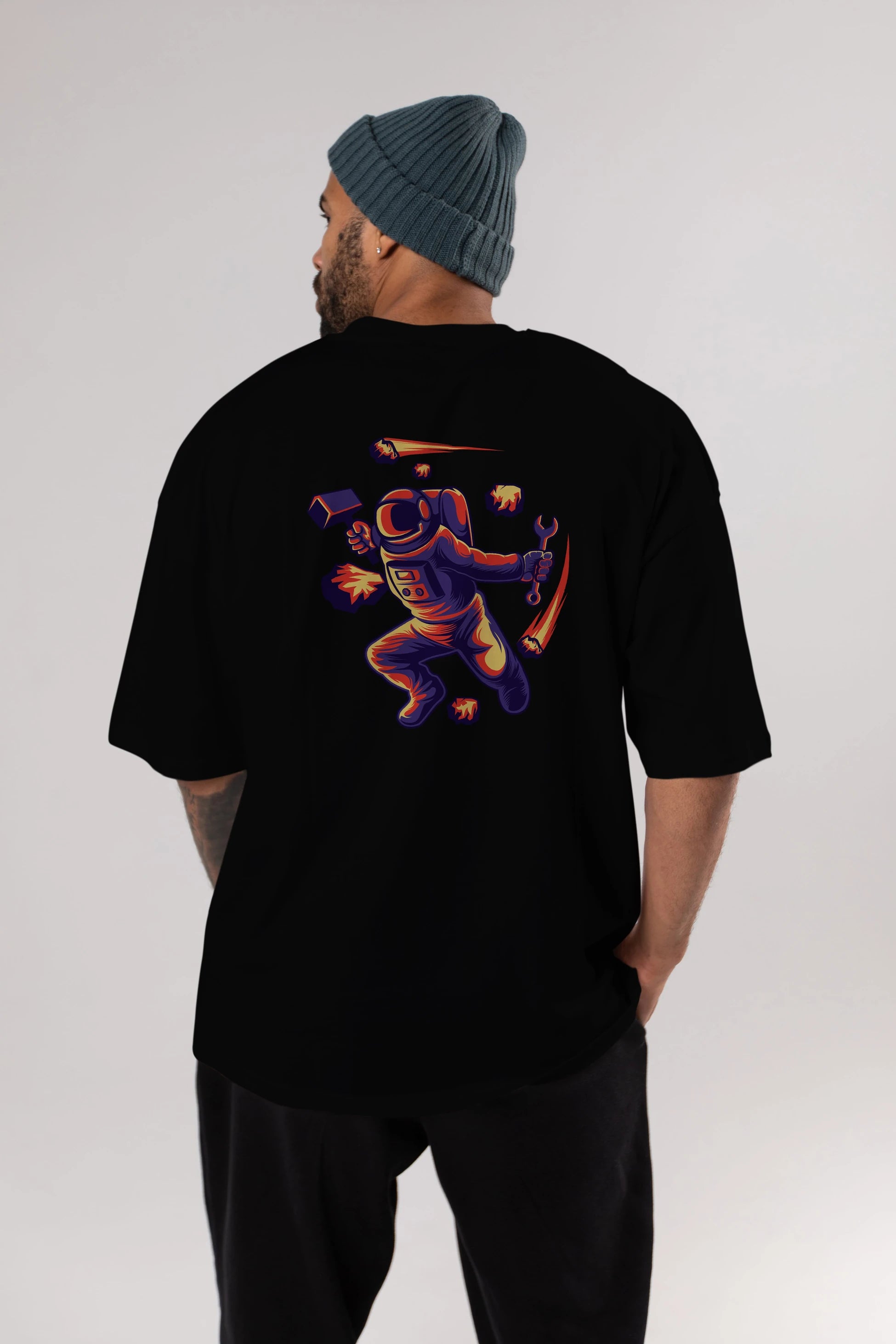 Astronaut Block Meteor Arka Baskılı Oversize t-shirt Erkek Kadın Unisex