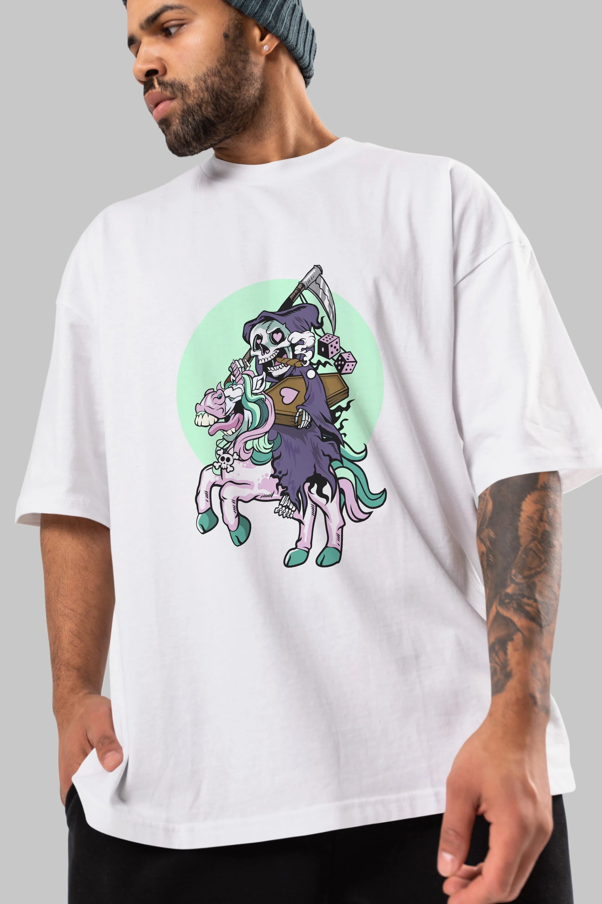 Grim Reaper Riding Unicorn Ön Baskılı Oversize t-shirt Erkek Kadın Unisex %100 Pamuk tişort
