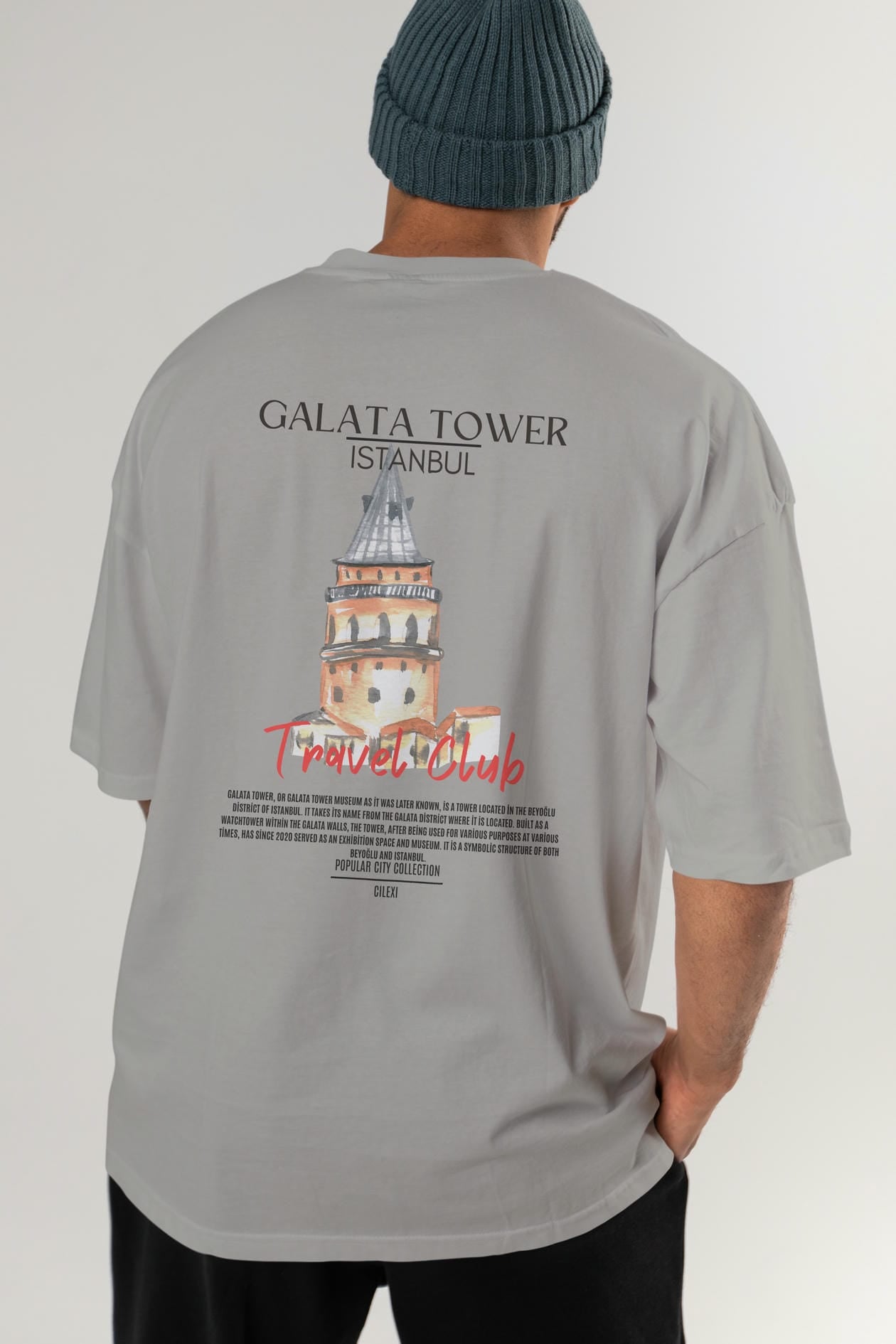 Galata Tower İstanbul Arka Baskılı Oversize t-shirt Erkek Kadın Pamuk Bisiklet Yaka tişort
