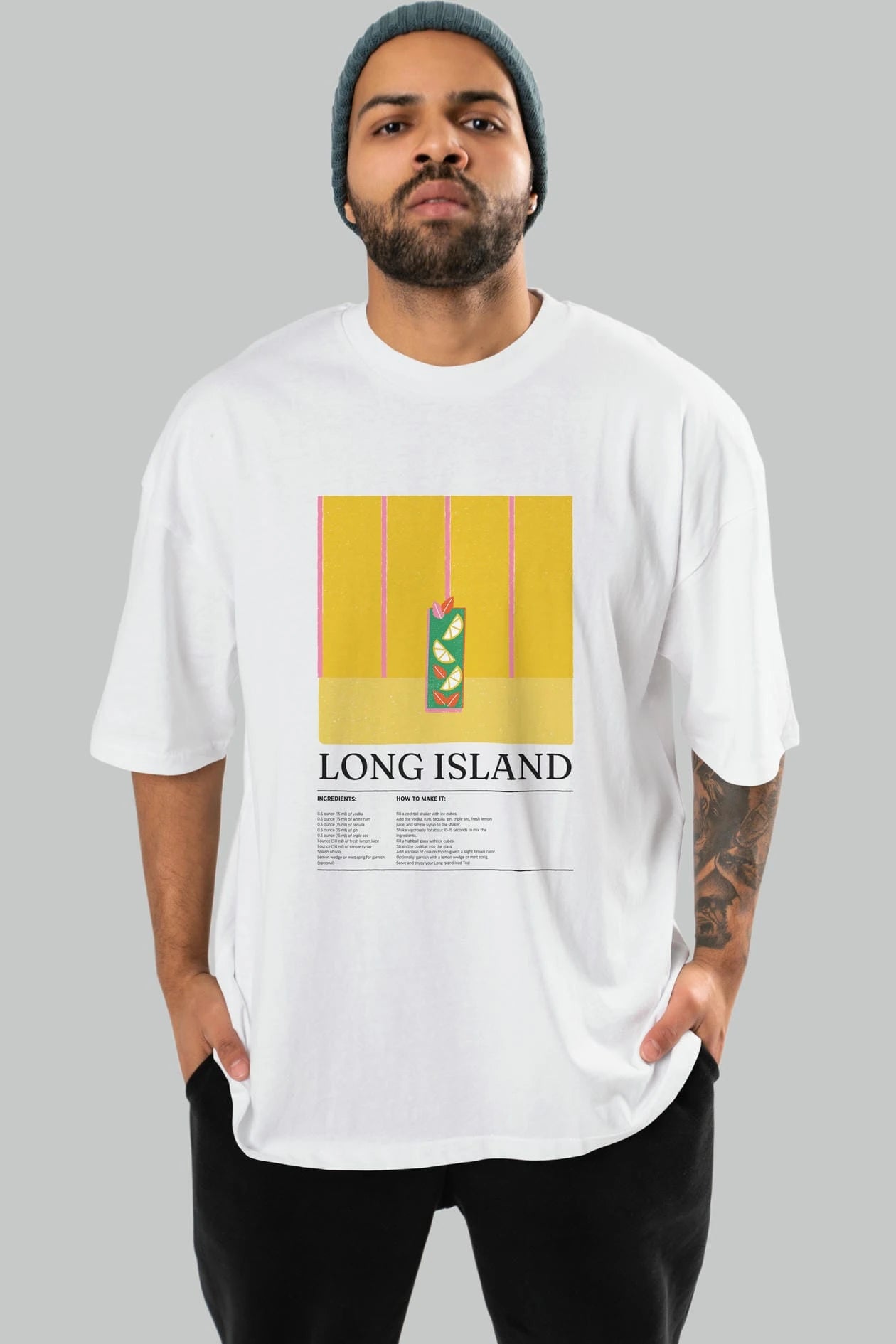 Long Island Kokteyl Ön Baskılı Oversize t-shirt Erkek Kadın %100 Pamuk Bisiklet Yaka tişort