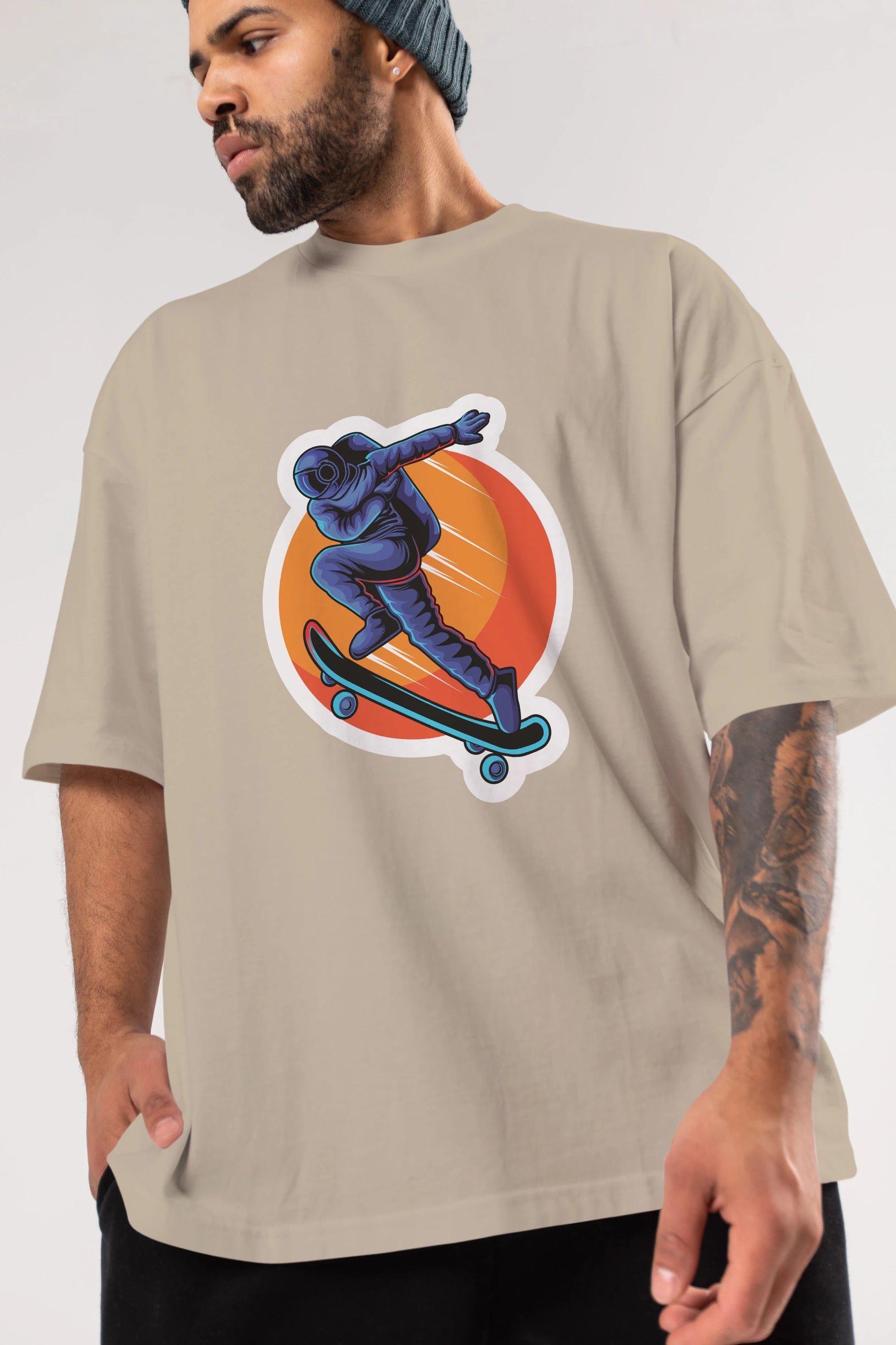 Astroskate Run Sticker Ön Baskılı Oversize t-shirt Erkek Kadın Unisex