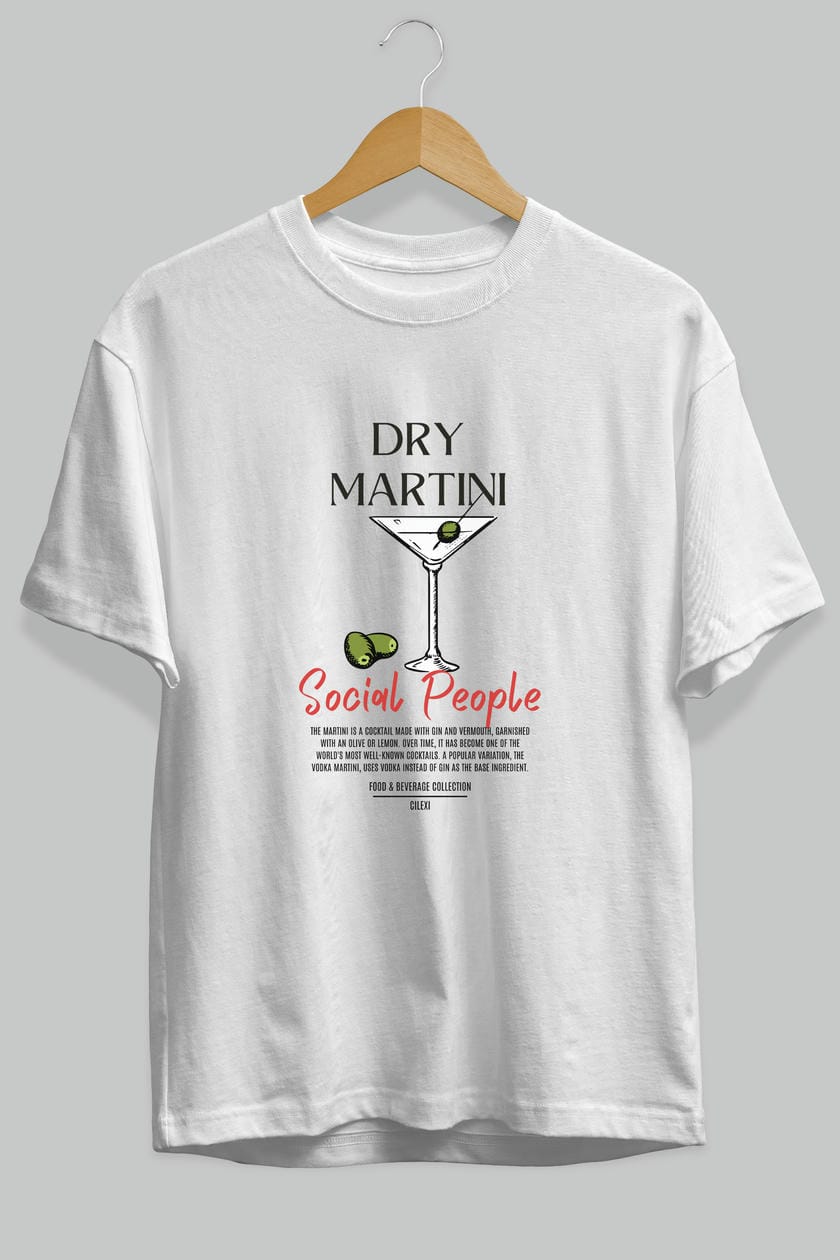 Dry Martını Kokteyl Serisi ön Baskılı Oversize t-shirt Erkek Kadın %100 Pamuk Bisiklet Yaka tişort