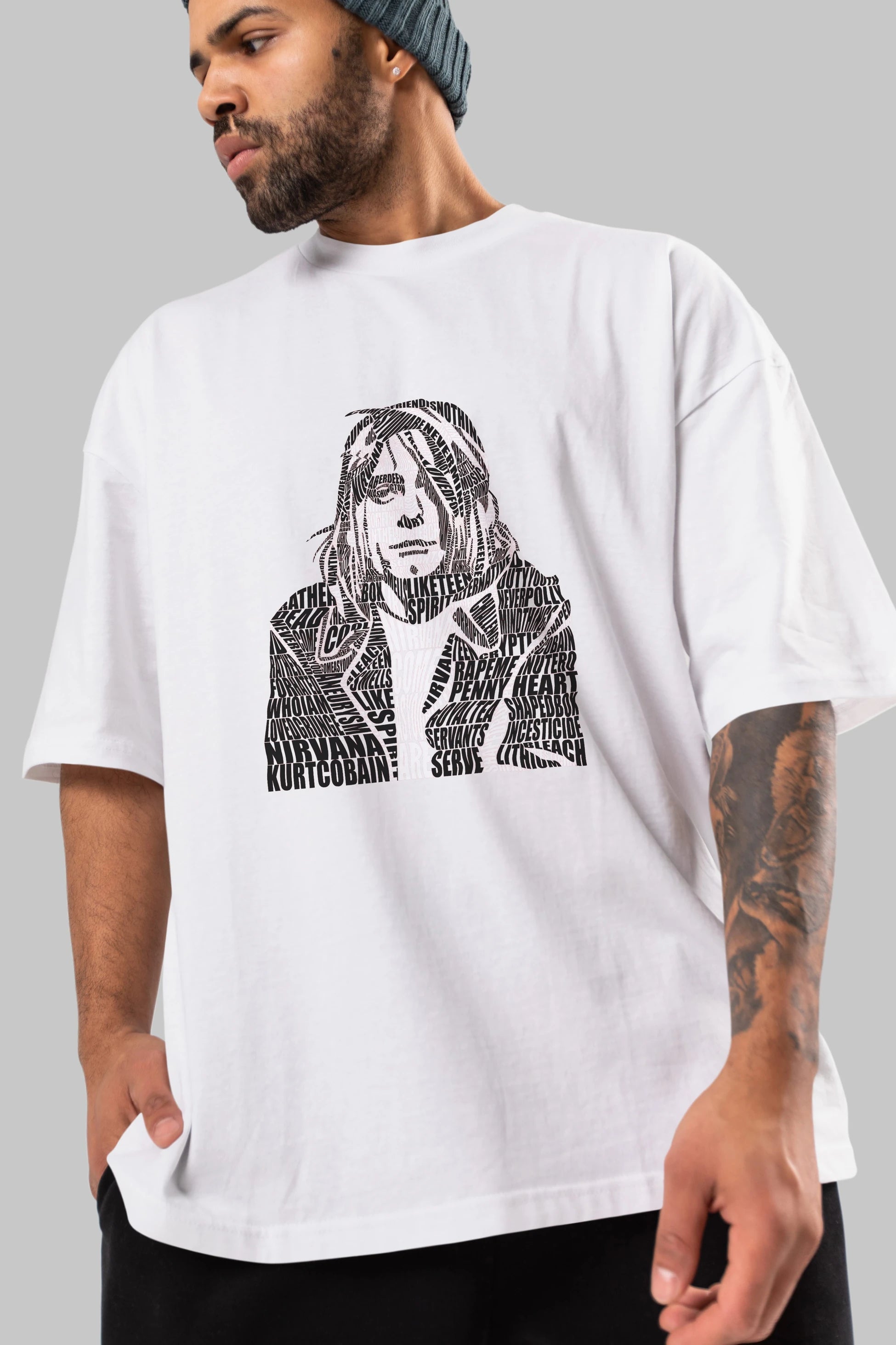 Kurt Cobain Calligram Ön Baskılı Oversize t-shirt %100 pamuk Erkek Kadın Unisex