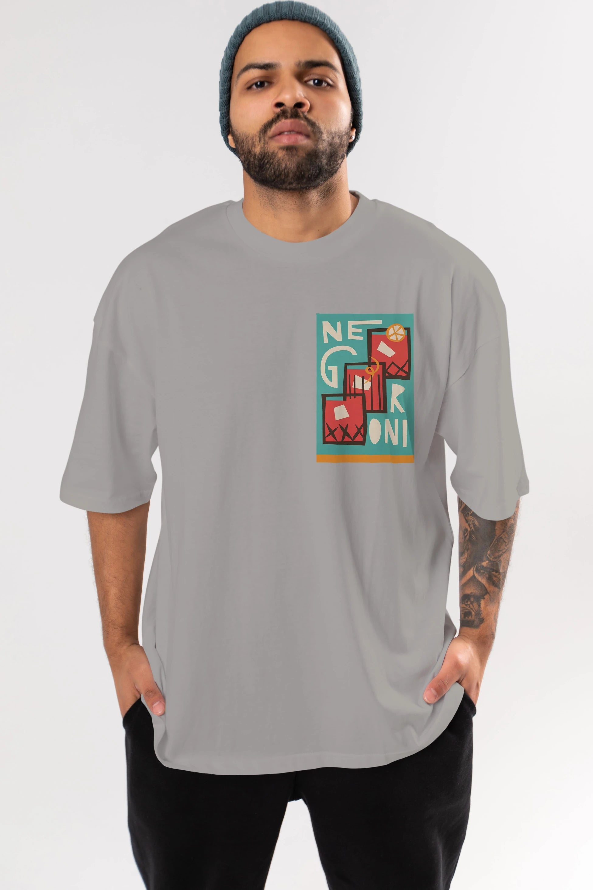 Negroni 3 Ön Sol Baskılı Oversize t-shirt Erkek Kadın Unisex %100 Pamuk Bisiklet Yaka tişort
