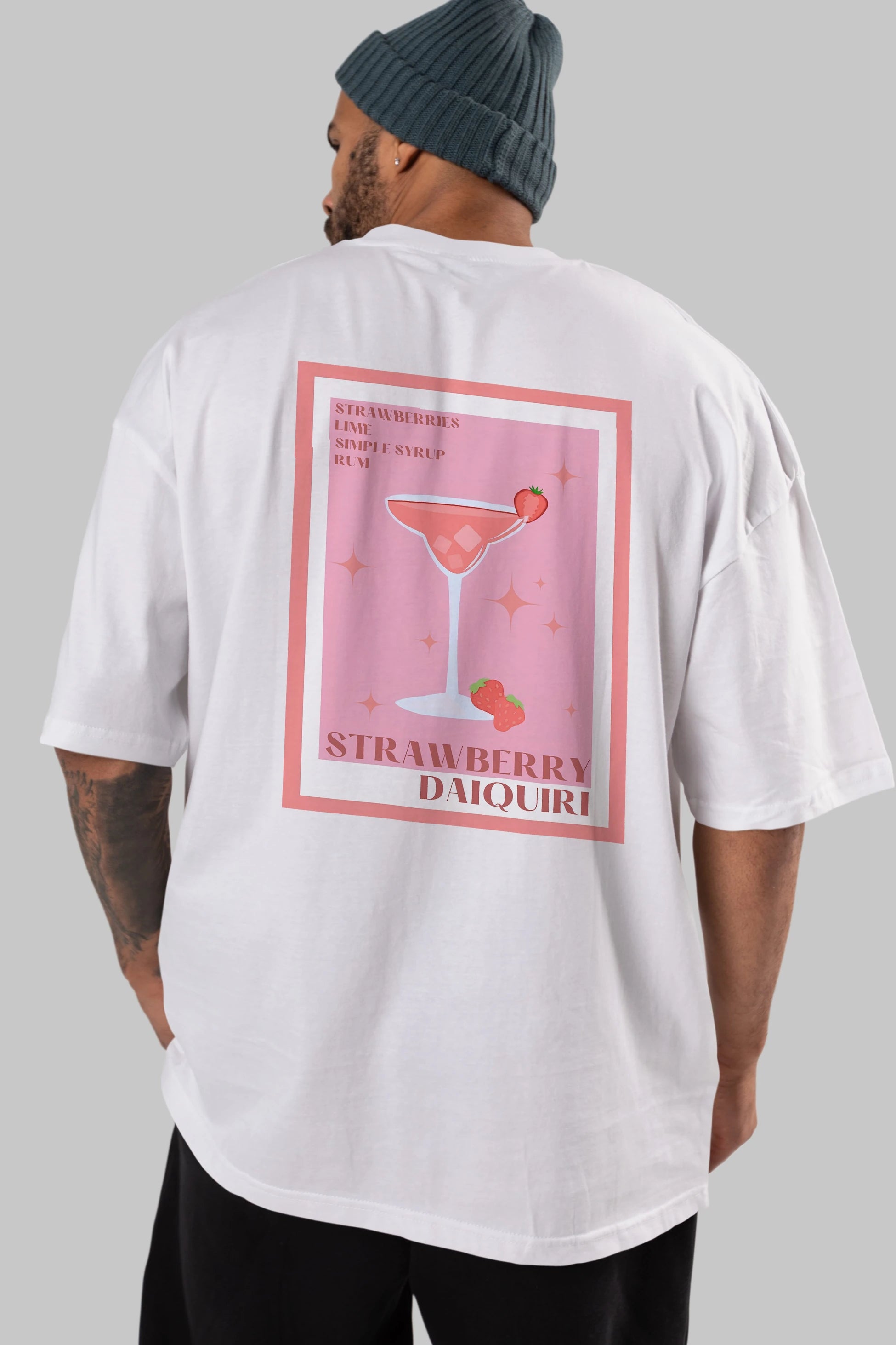 Strawberry Daiquiri Arka Baskılı Oversize t-shirt Erkek Kadın Unisex %100 Pamuk Bisiklet Yaka tişort