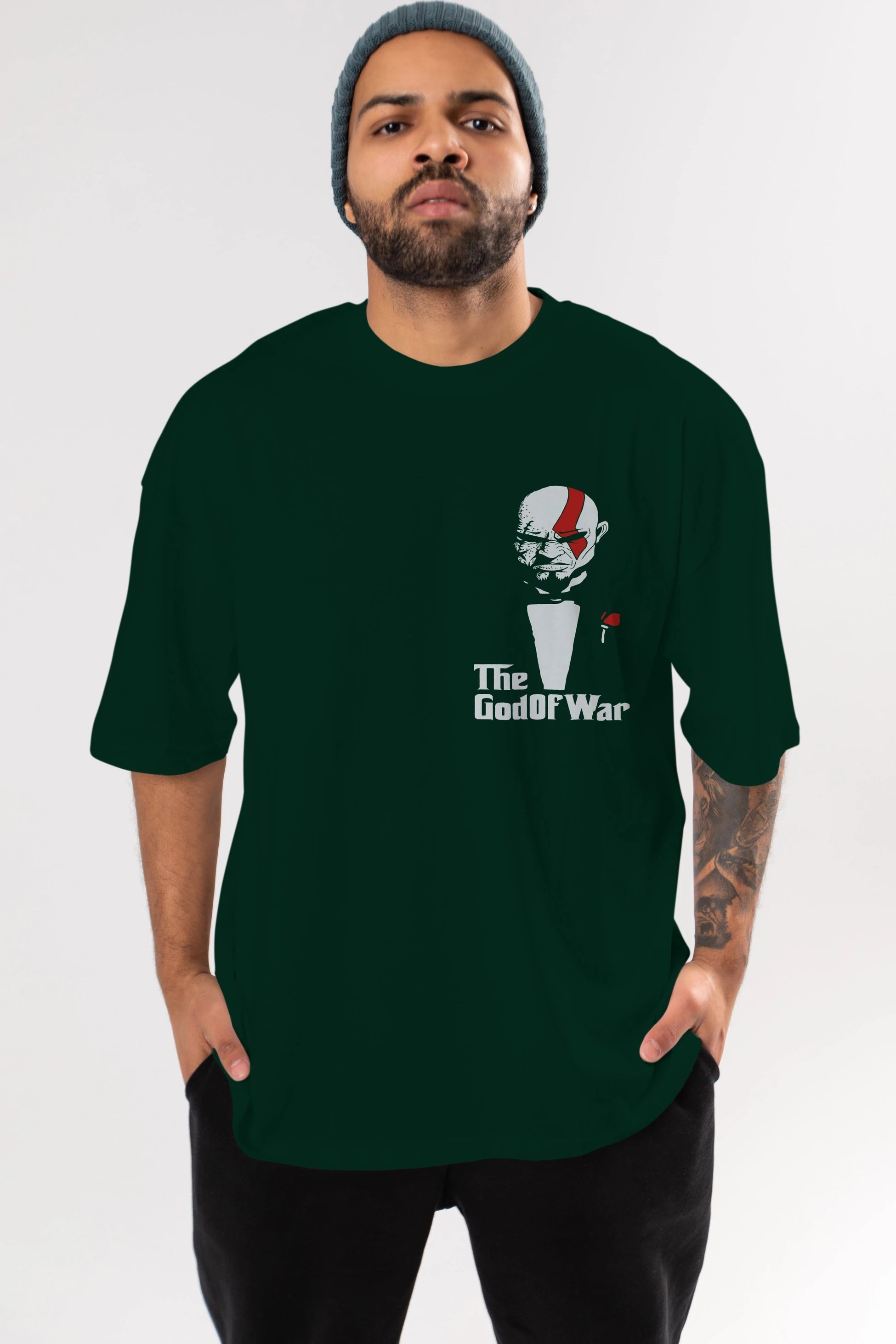 The God of War Ön Sol Baskılı Oversize t-shirt Erkek Kadın Unisex %100 Pamuk Bisiklet Yaka tişort