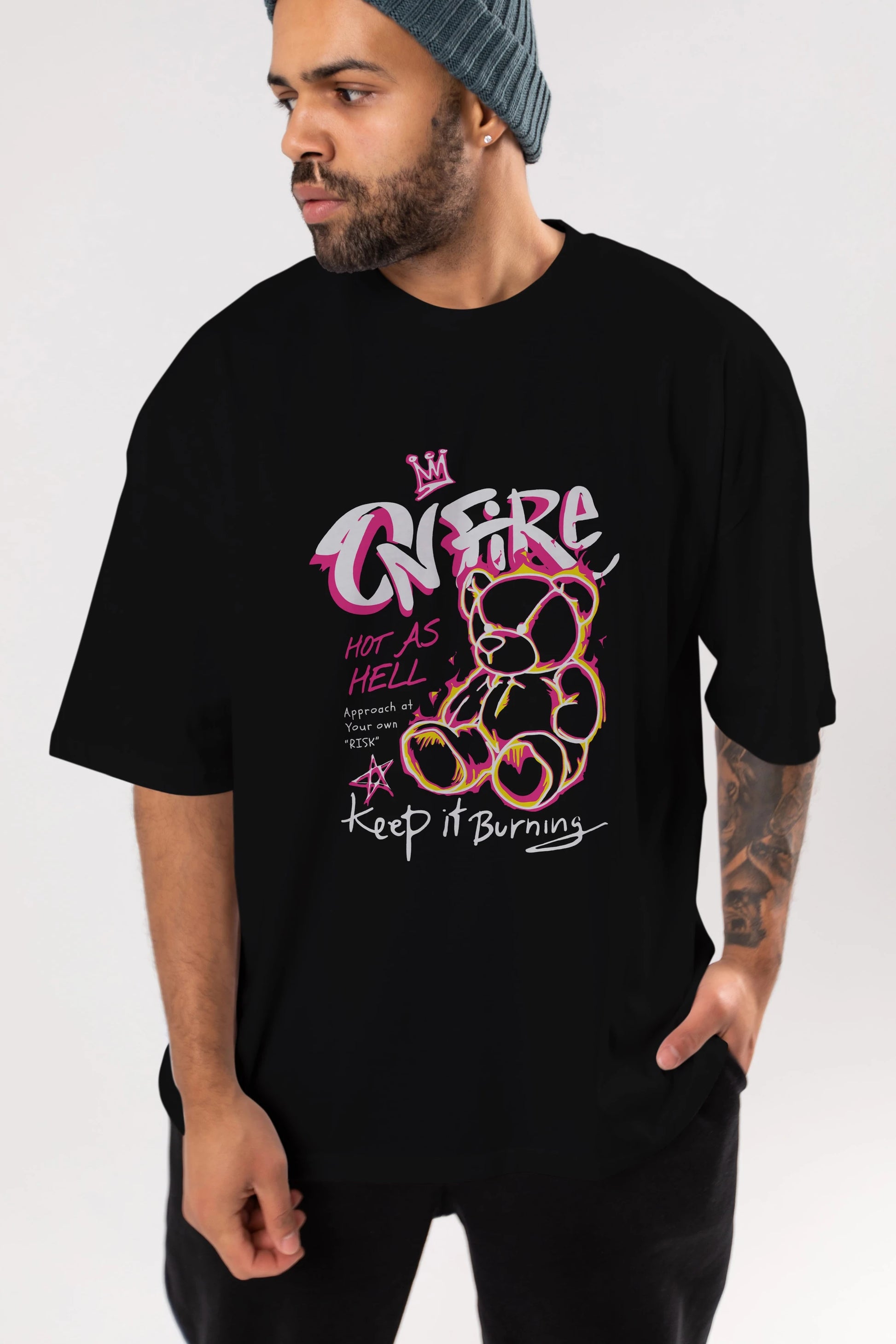 On Fire Bear Ön Baskılı Oversize t-shirt Erkek Kadın Unisex