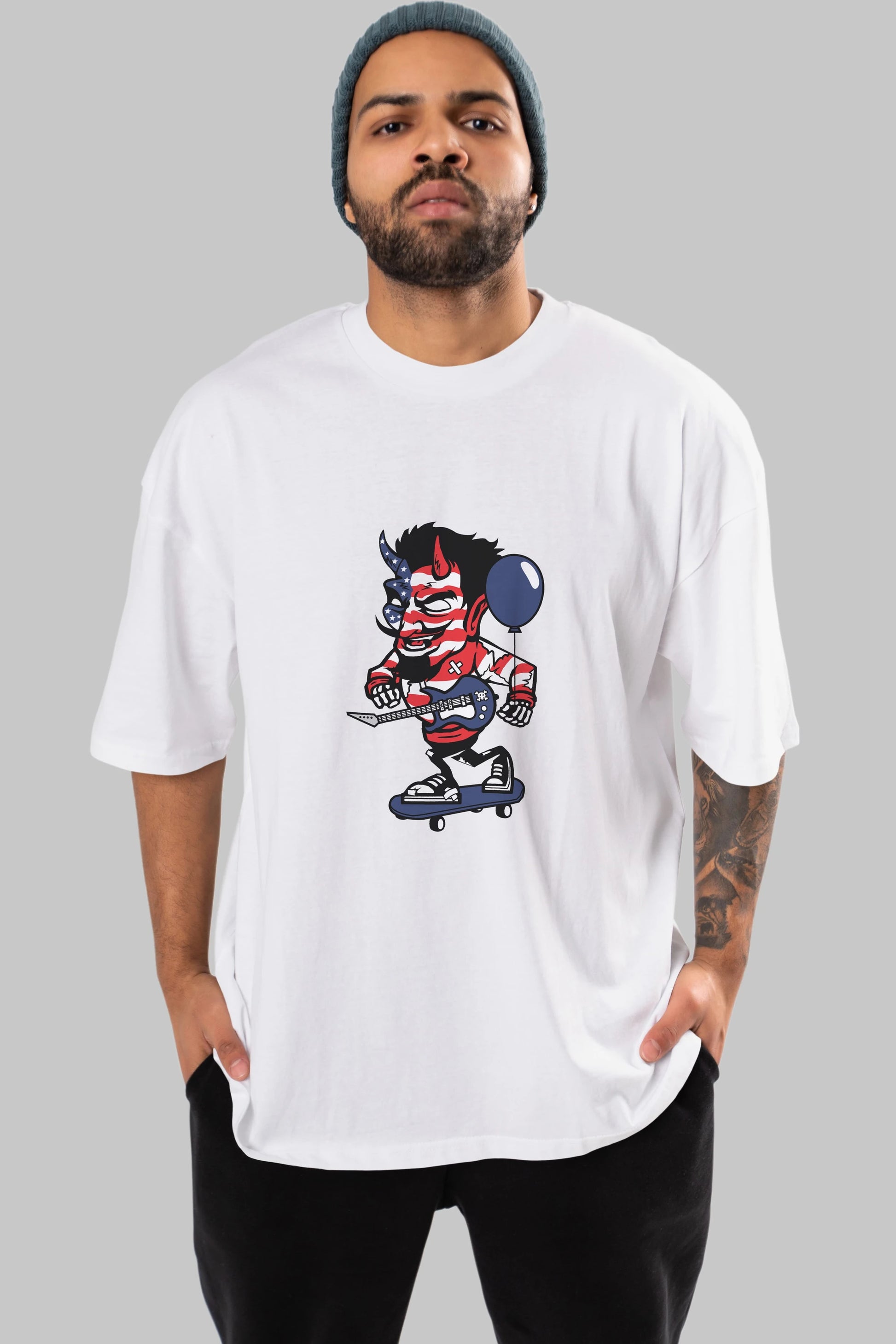 American Devil Skater Ön Baskılı Oversize t-shirt Erkek Kadın Unisex %100 Pamuk tişort
