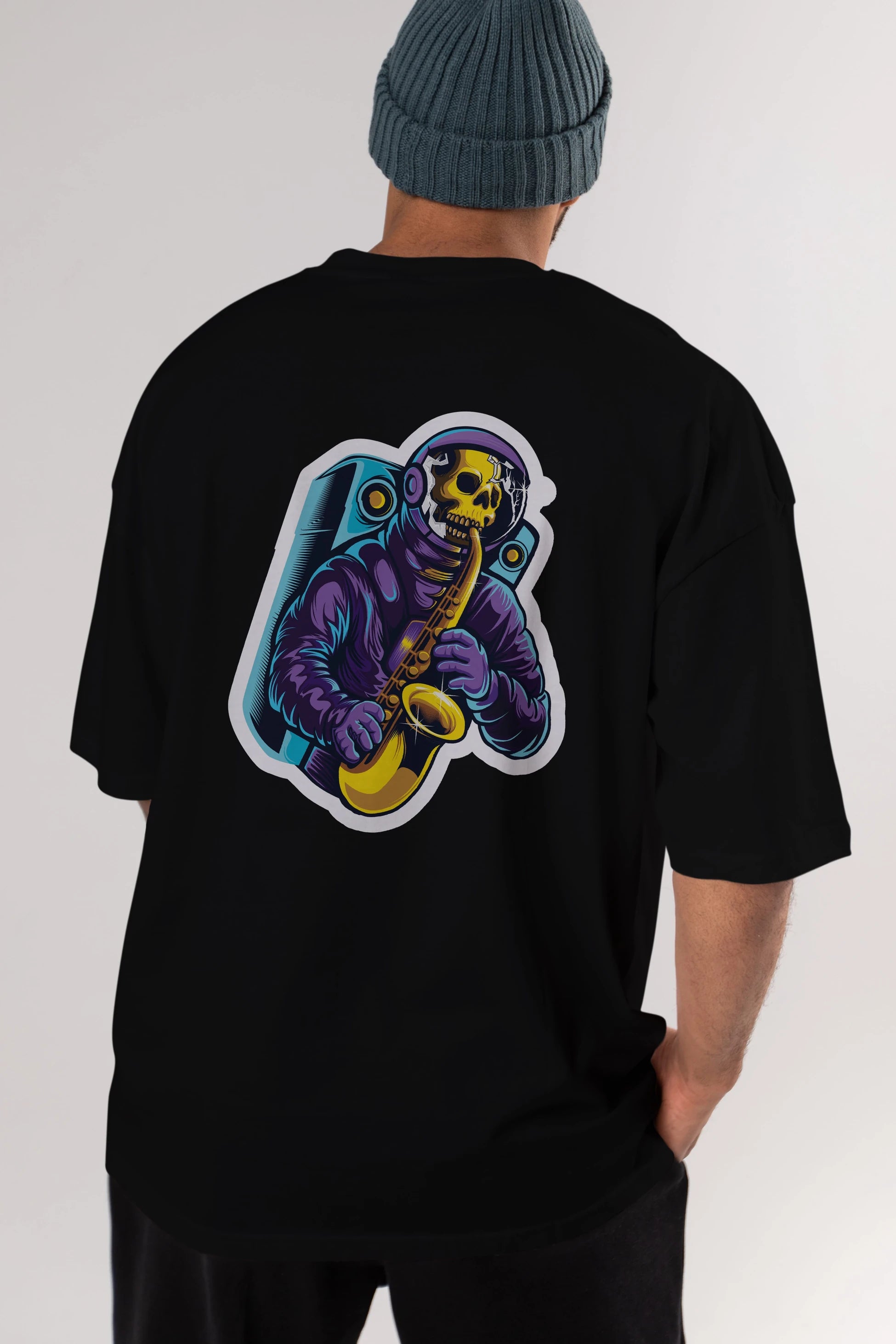 Astroskull Saxophonist Sticker Arka Baskılı Oversize t-shirt Erkek Kadın Unisex