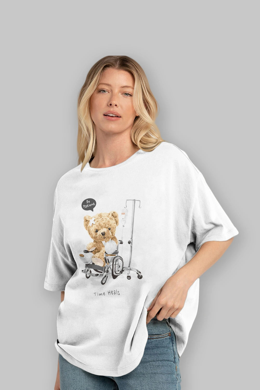 Teddy Bear Time Heals Ön Baskılı Oversize t-shirt Erkek Kadın Unisex %100 Pamuk