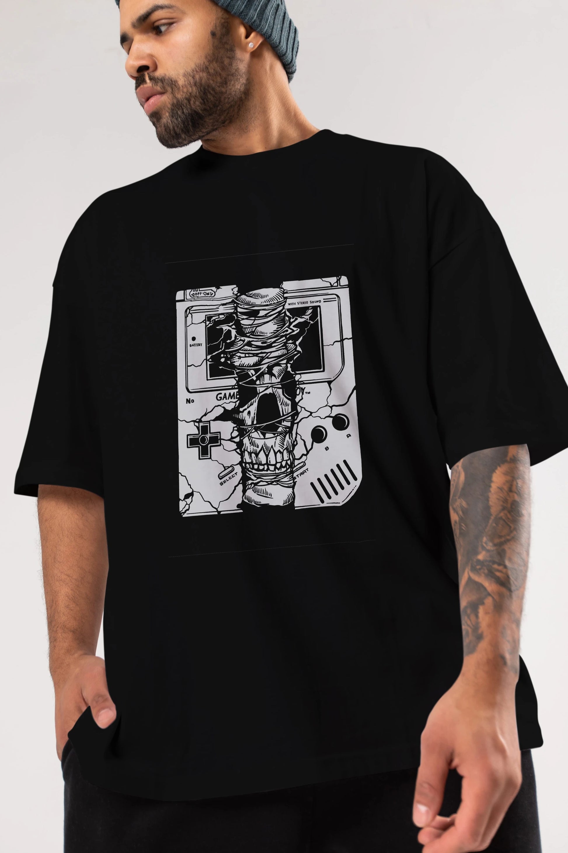 Gameboy Skull Ön Baskılı Oversize t-shirt Erkek Kadın Unisex %100 Pamuk tişort
