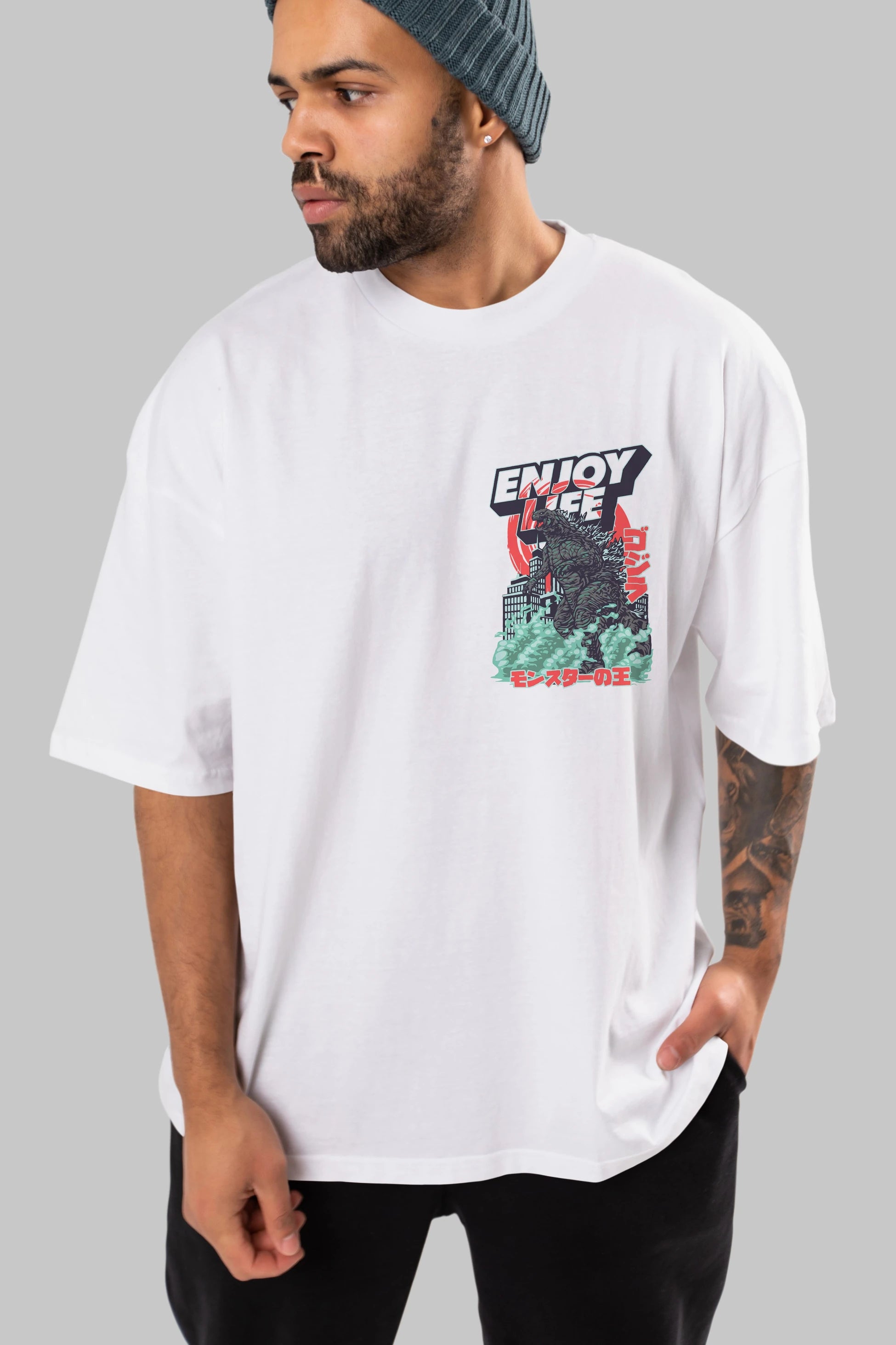 Godzilla Ön Sol Baskılı Oversize t-shirt Erkek Kadın Unisex %100 Pamuk Bisiklet Yaka tişort