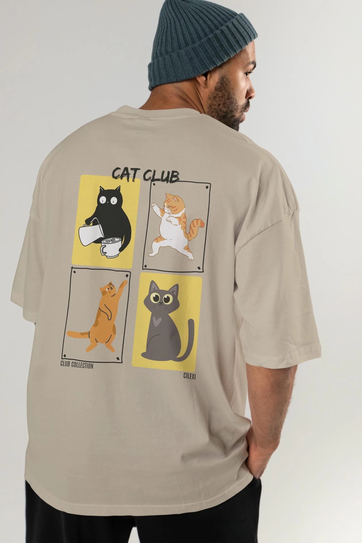 Cat Club Arka Baskılı Oversize t-shirt Erkek Kadın %100 Pamuk Bisiklet Yaka tişort