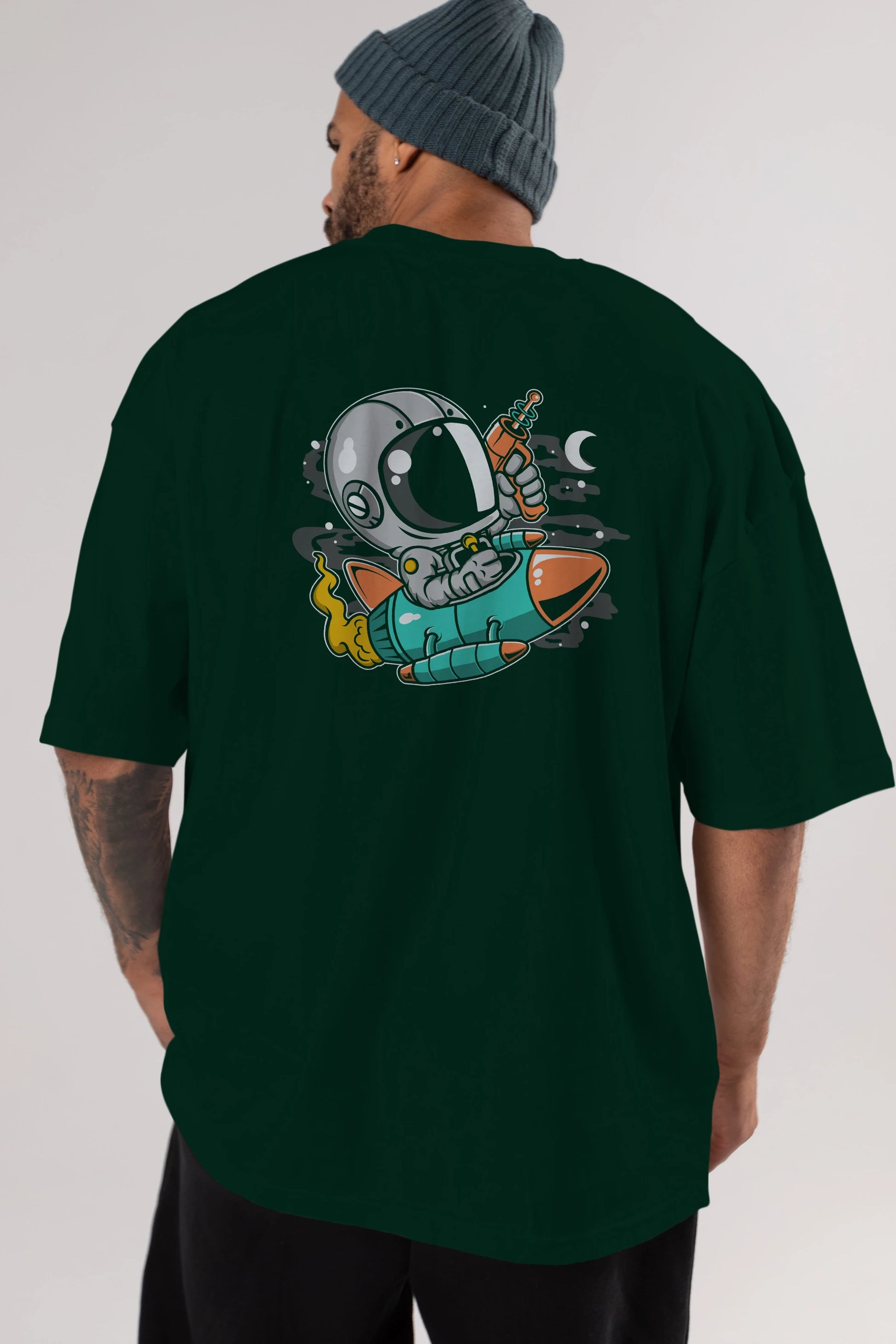 Astronaut Riding Rocket Arka Baskılı Oversize t-shirt Erkek Kadın Unisex