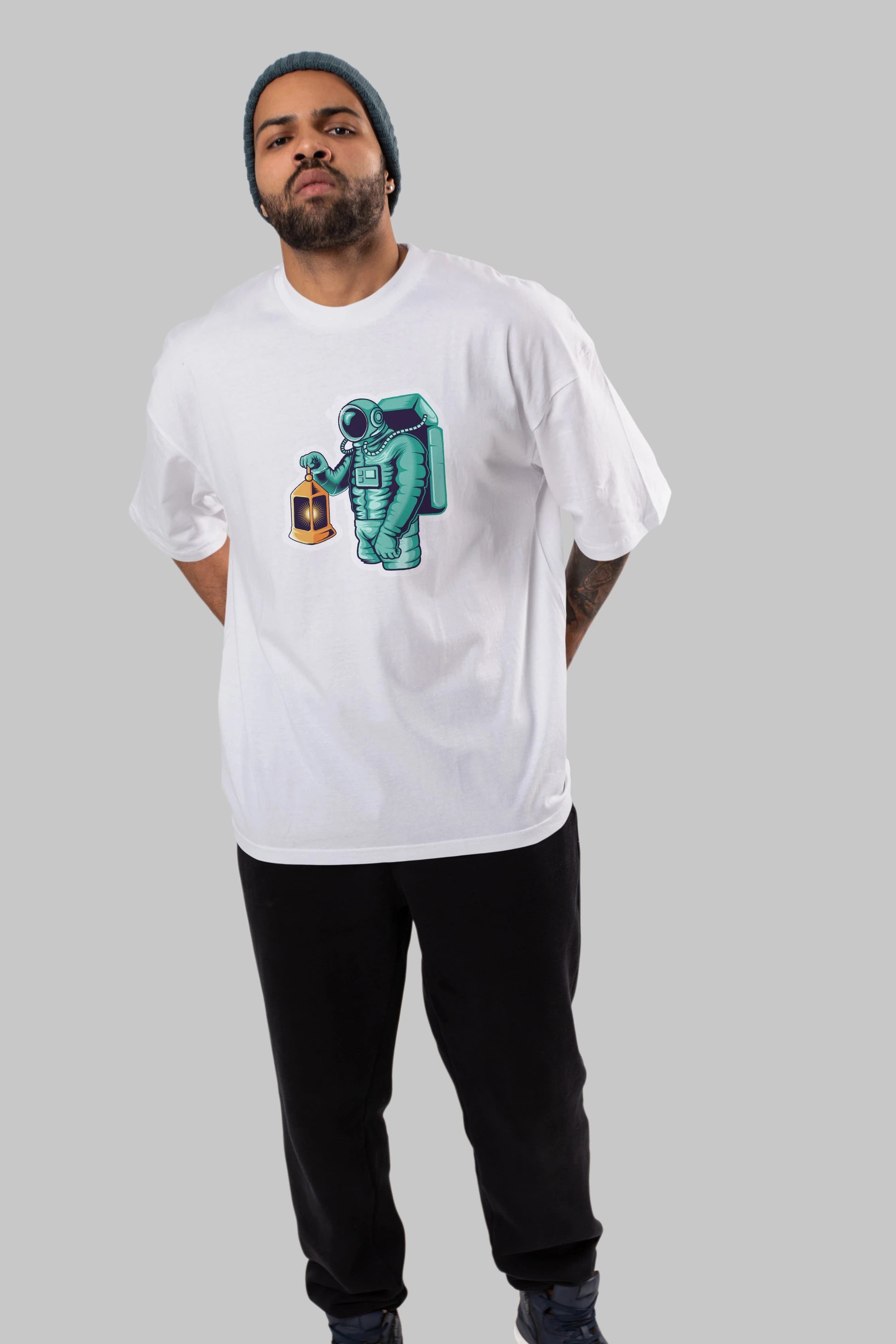 Astronaut Lantern Sticker Ön Baskılı Oversize t-shirt Erkek Kadın Unisex