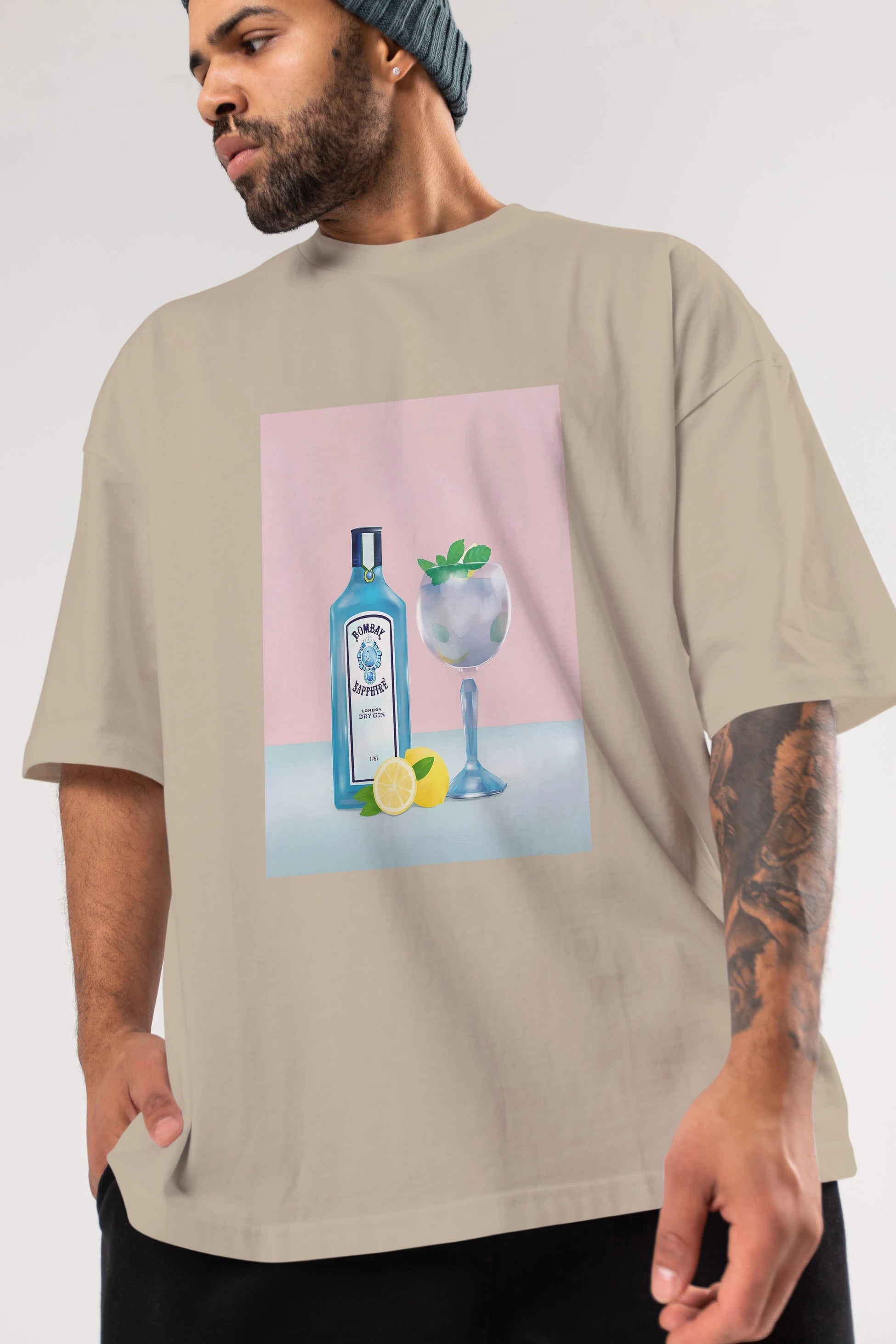 Bombay Sapphire Dry Gin Ön Baskılı Oversize t-shirt Erkek Kadın Unisex %100 Pamuk Bisiklet Yaka tişort
