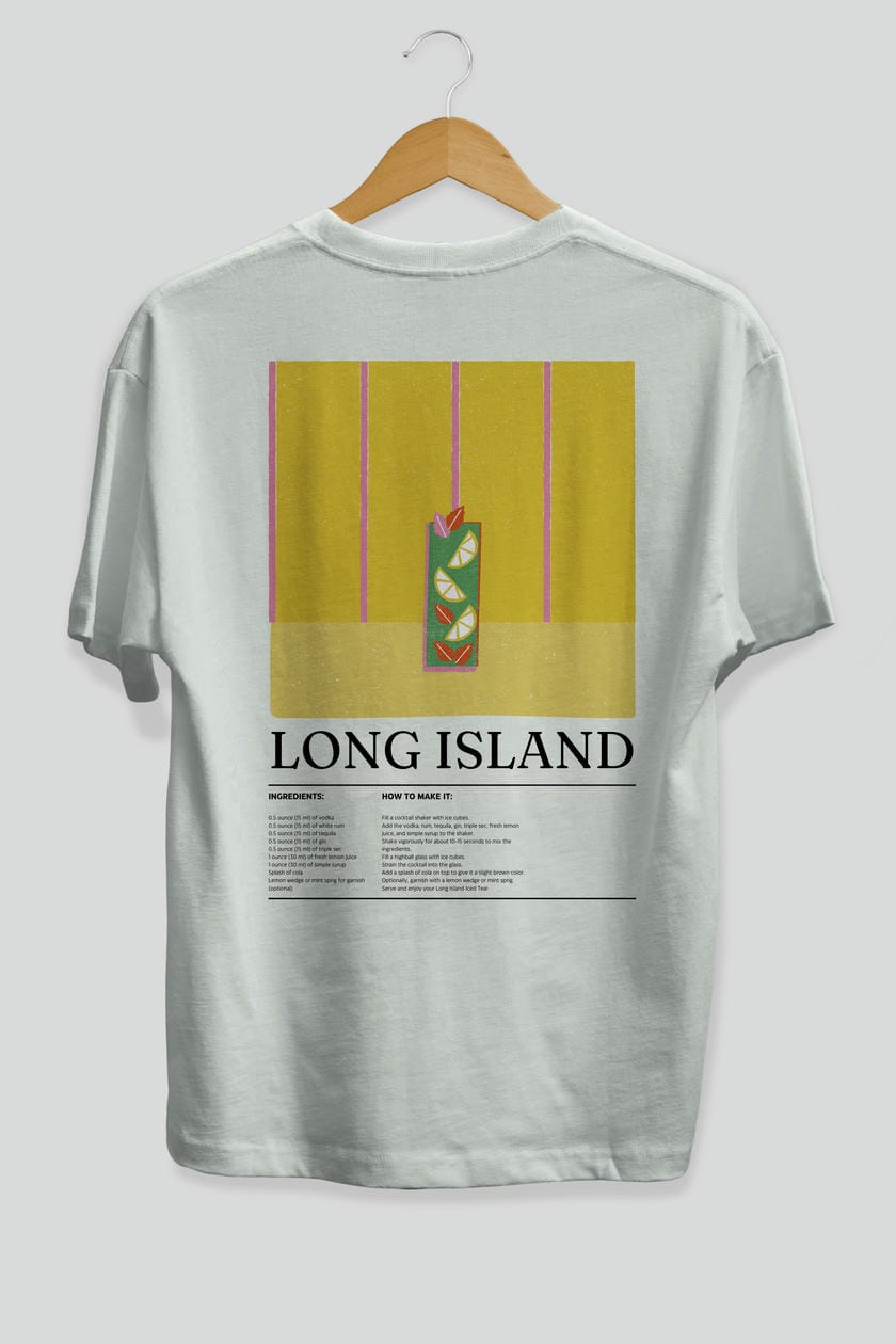 Long Island Kokteyl Serisi Arka Baskılı Oversize t-shirt Erkek Kadın %100 Pamuk Bisiklet Yaka tişort