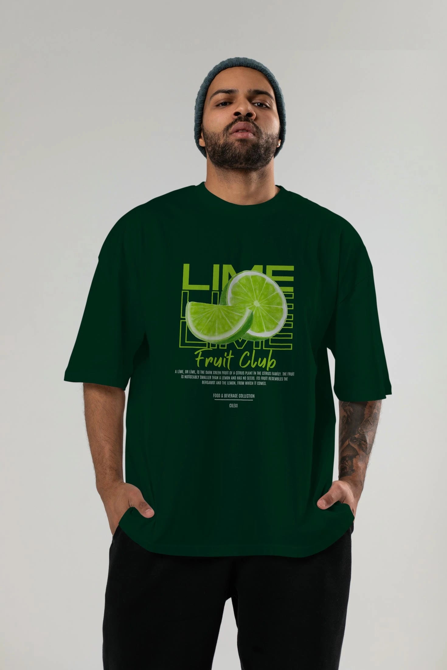 Lime Ön Baskılı Oversize t-shirt Erkek Kadın Pamuk Bisiklet Yaka tişort
