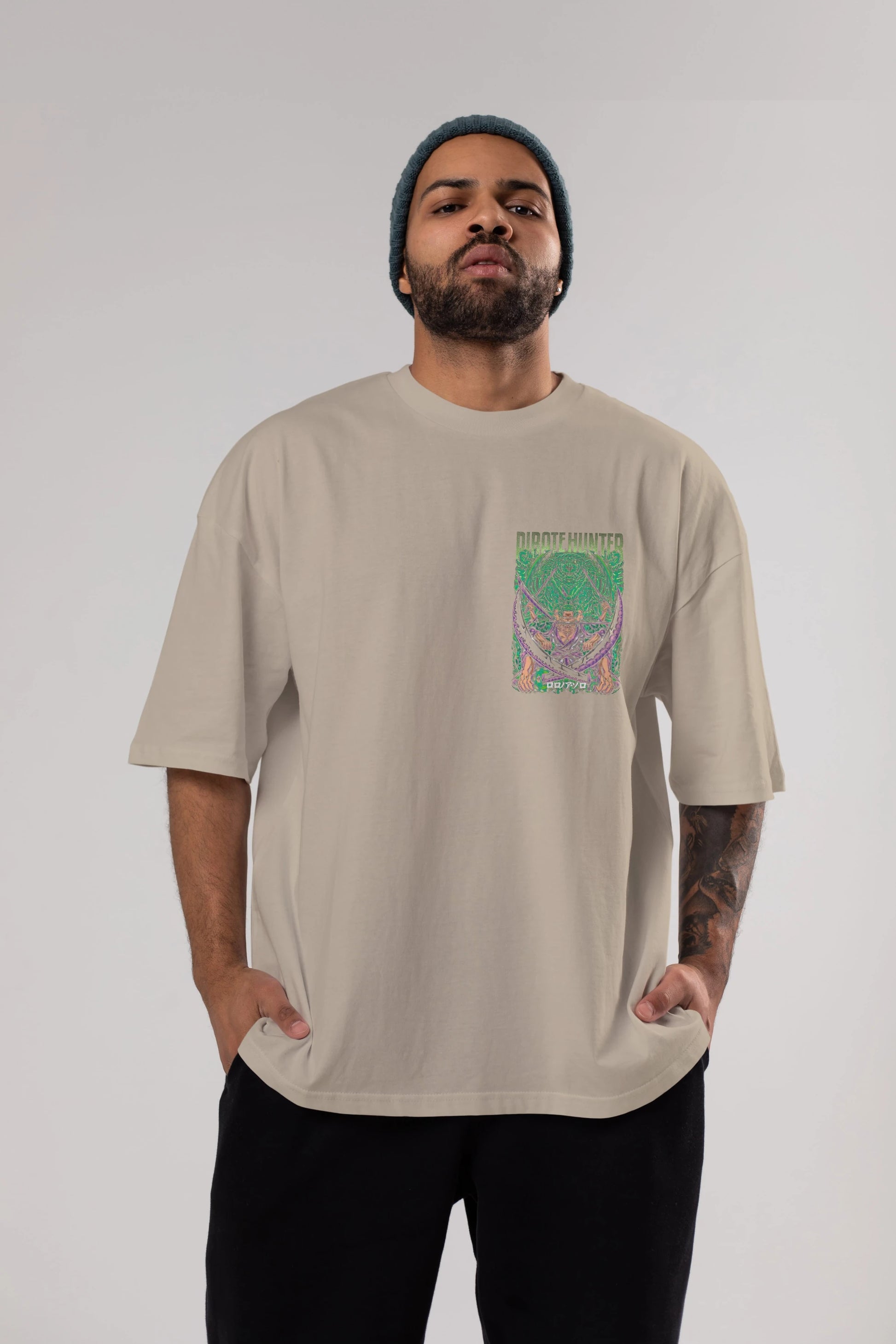 RORONOA ZORO 3 Ön Sol Baskılı Oversize t-shirt Erkek Kadın Unisex %100 Pamuk Bisiklet Yaka tişort
