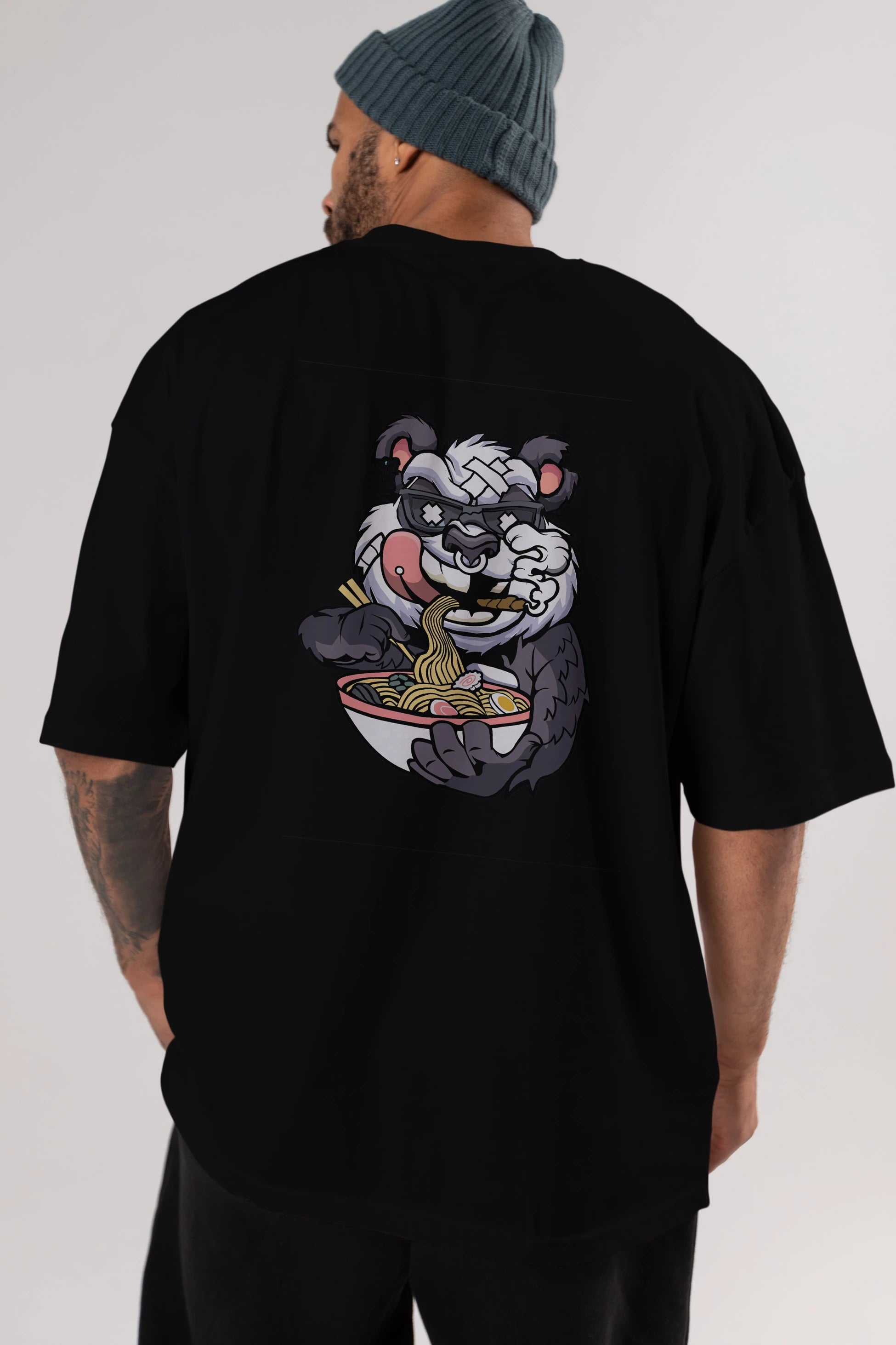 Panda Ramen Arka Baskılı Oversize t-shirt Erkek Kadın Unisex %100 Pamuk tişort