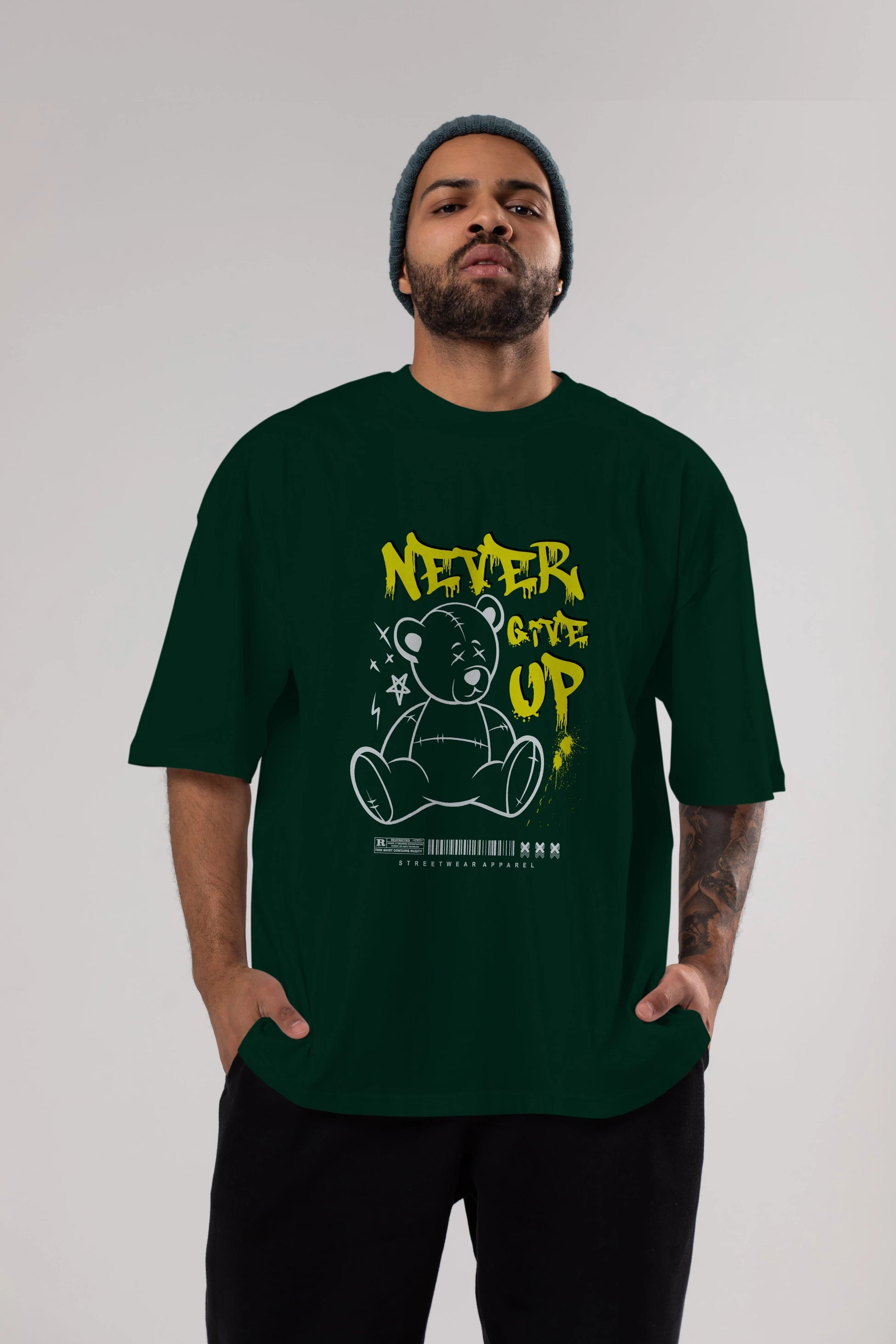 Teddy Bear Never Give Up Ön Baskılı Oversize t-shirt Erkek Kadın Unisex