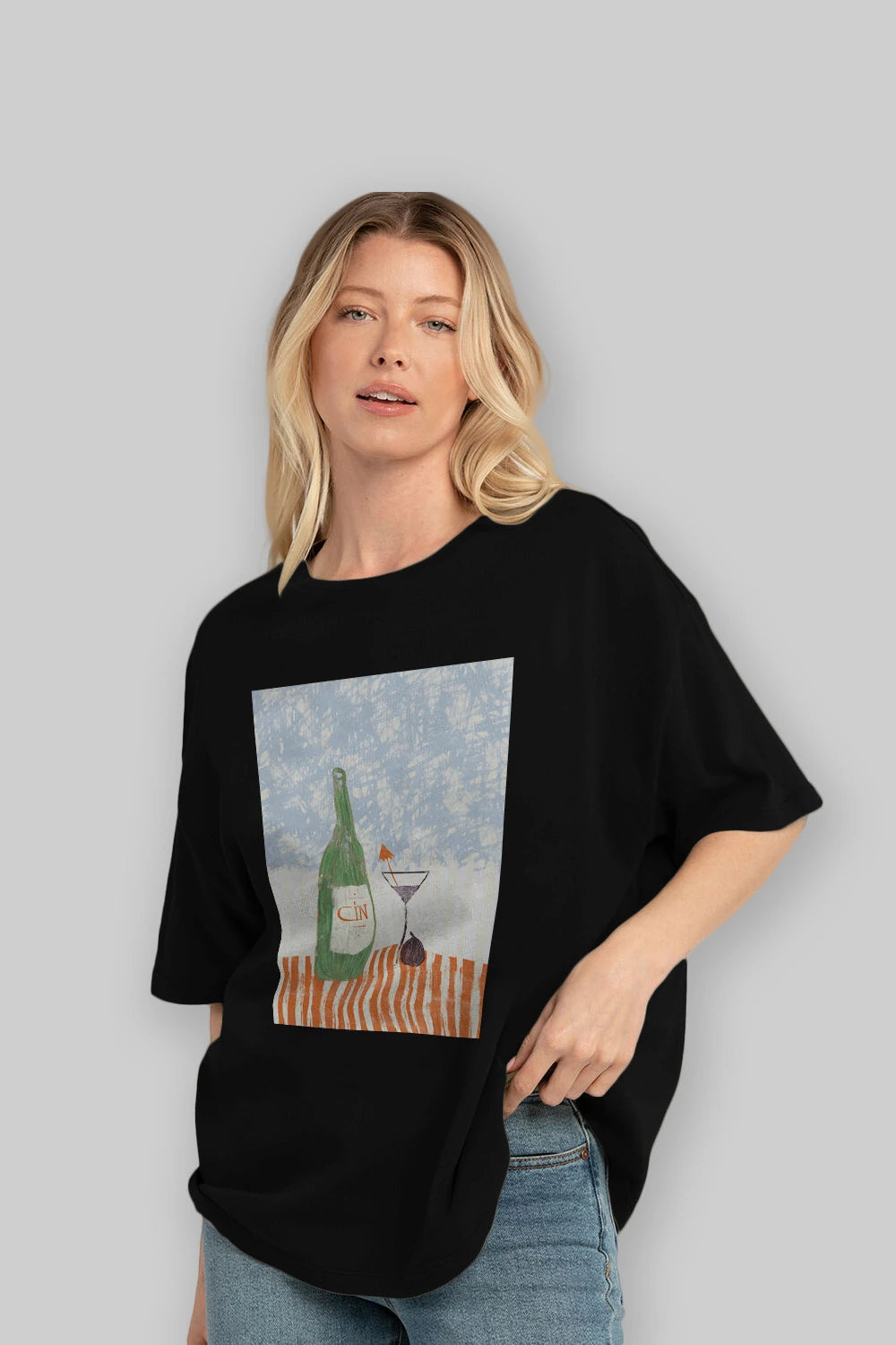Gin Ön Baskılı Oversize t-shirt Erkek Kadın Unisex %100 Pamuk Bisiklet Yaka tişort