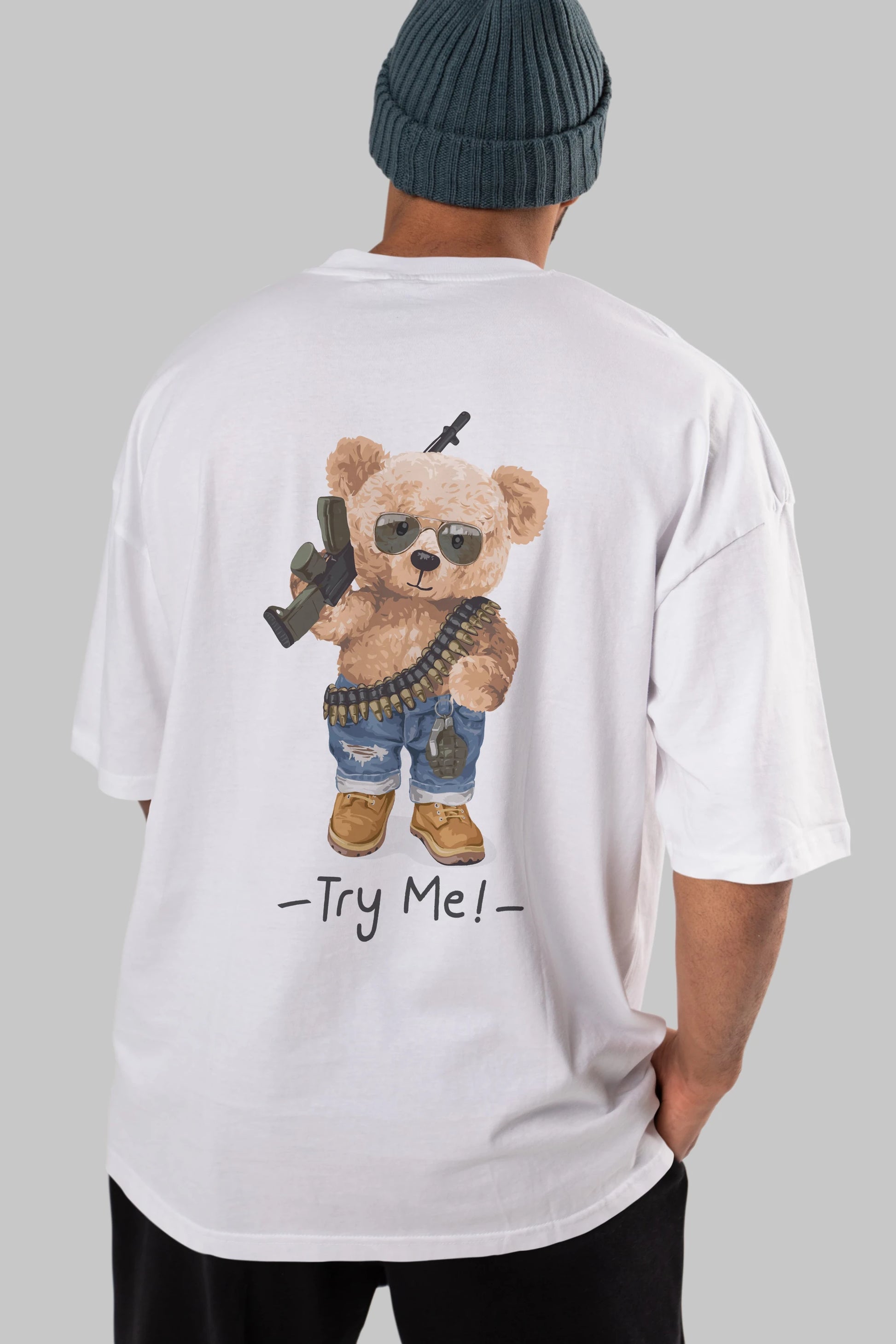 Teddy Bear Try Me Arka Baskılı Oversize t-shirt Erkek Kadın Unisex %100 Pamuk
