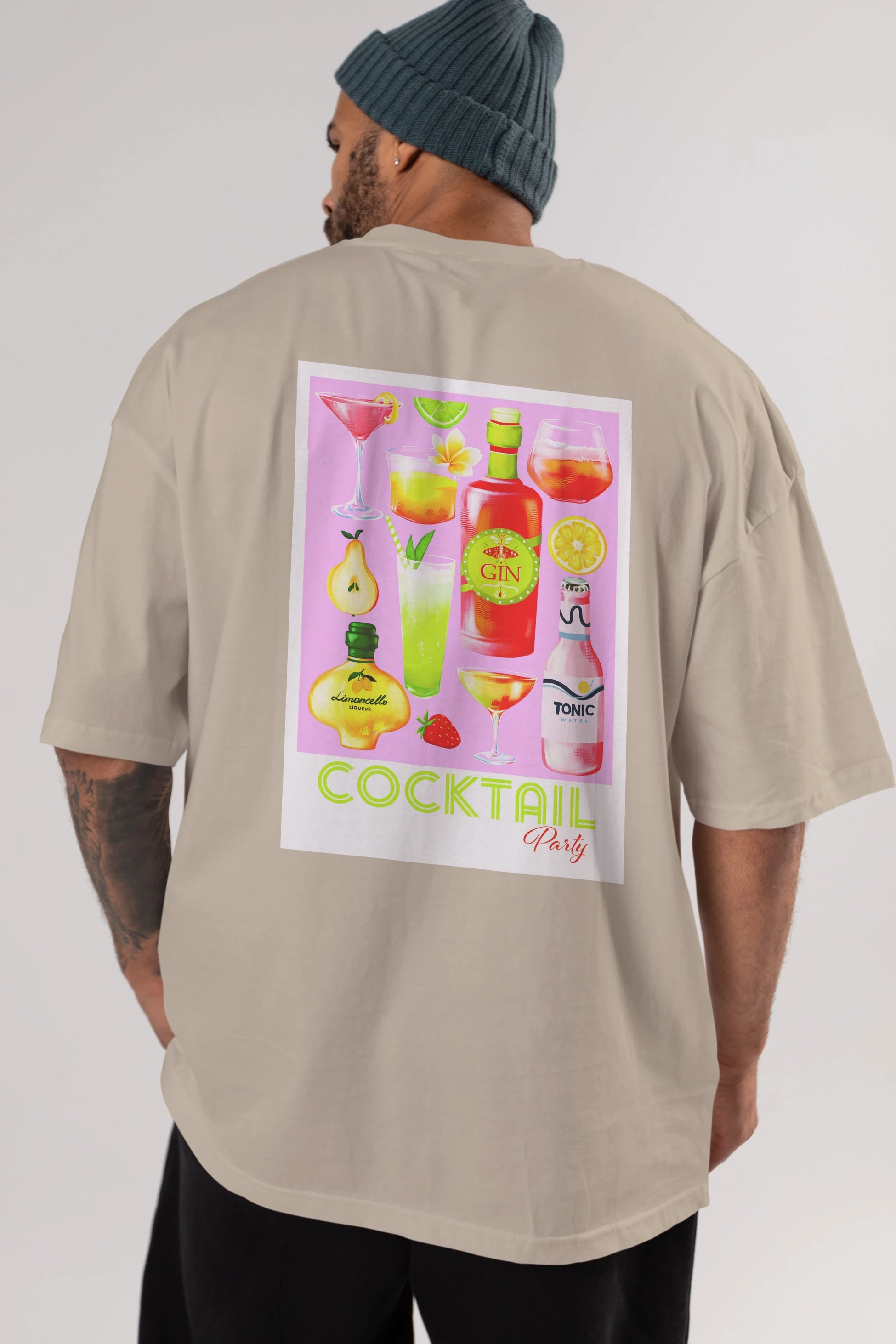 Cocktail Party Arka Baskılı Oversize t-shirt Erkek Kadın Unisex %100 Pamuk Bisiklet Yaka tişort
