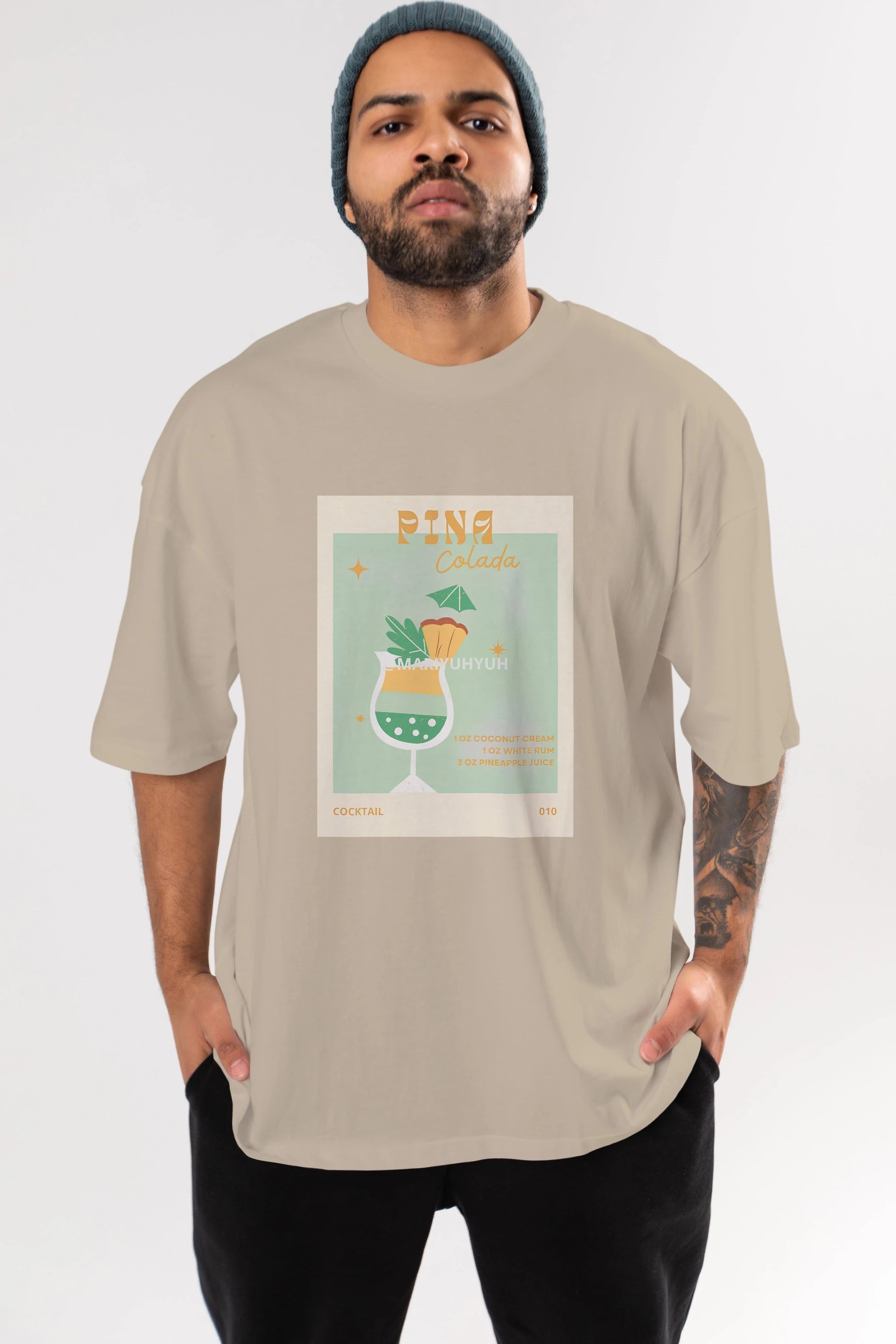 Pina Colada Ön Baskılı Oversize t-shirt Erkek Kadın Unisex %100 Pamuk Bisiklet Yaka tişort