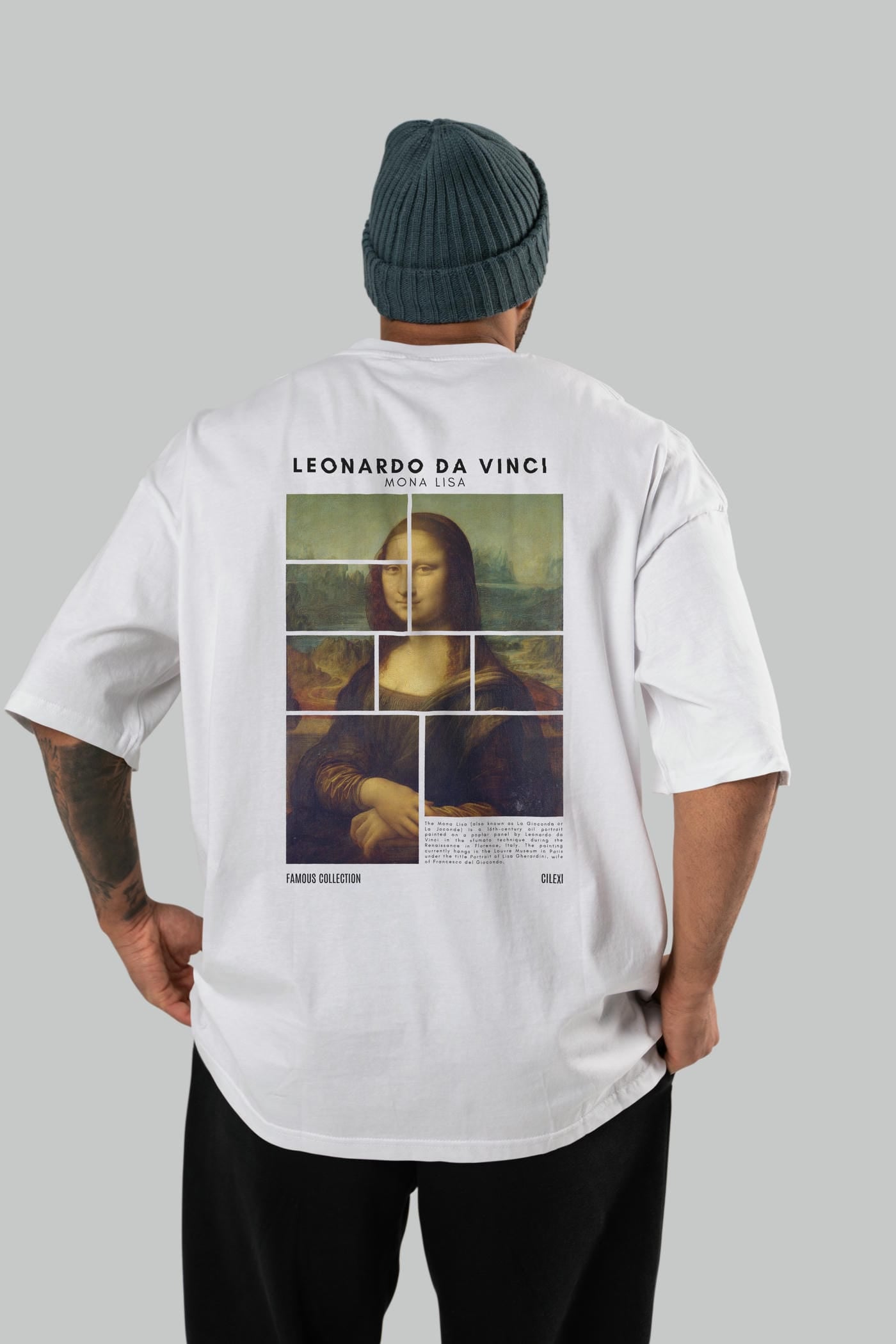 Leonardo Da Vinci Mona Lisa Arka Baskılı Oversize t-shirt Erkek Kadın Bisiklet Yaka Pamuk tişort
