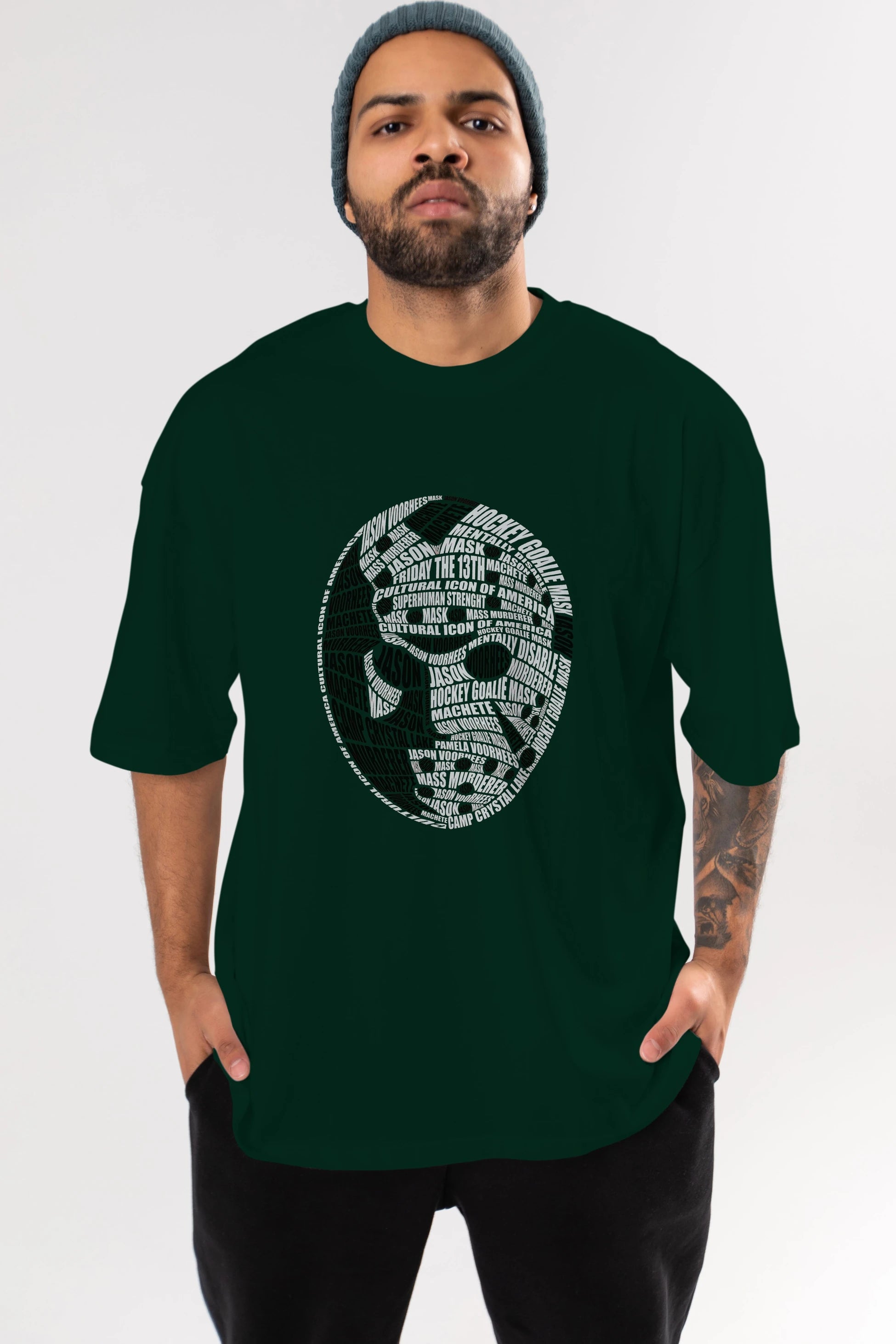 Jason Voorhees Calligram Ön Baskılı Oversize t-shirt %100 pamuk Erkek Kadın Unisex