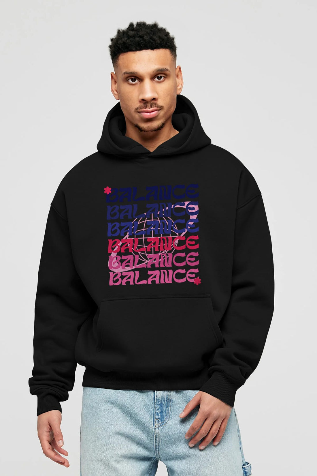 Balance Yazılı Ön Baskılı Oversize Hoodie Kapüşonlu Sweatshirt Erkek Kadın Unisex