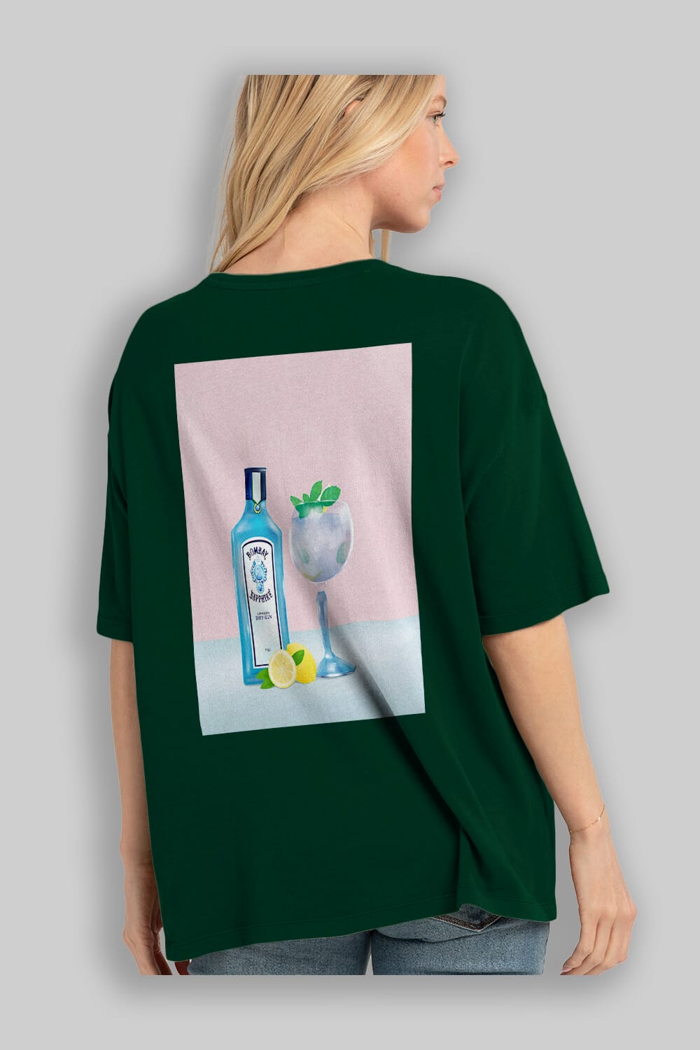Bombay Sapphire Dry Gin Arka Baskılı Oversize t-shirt Erkek Kadın Unisex %100 Pamuk Bisiklet Yaka tişort