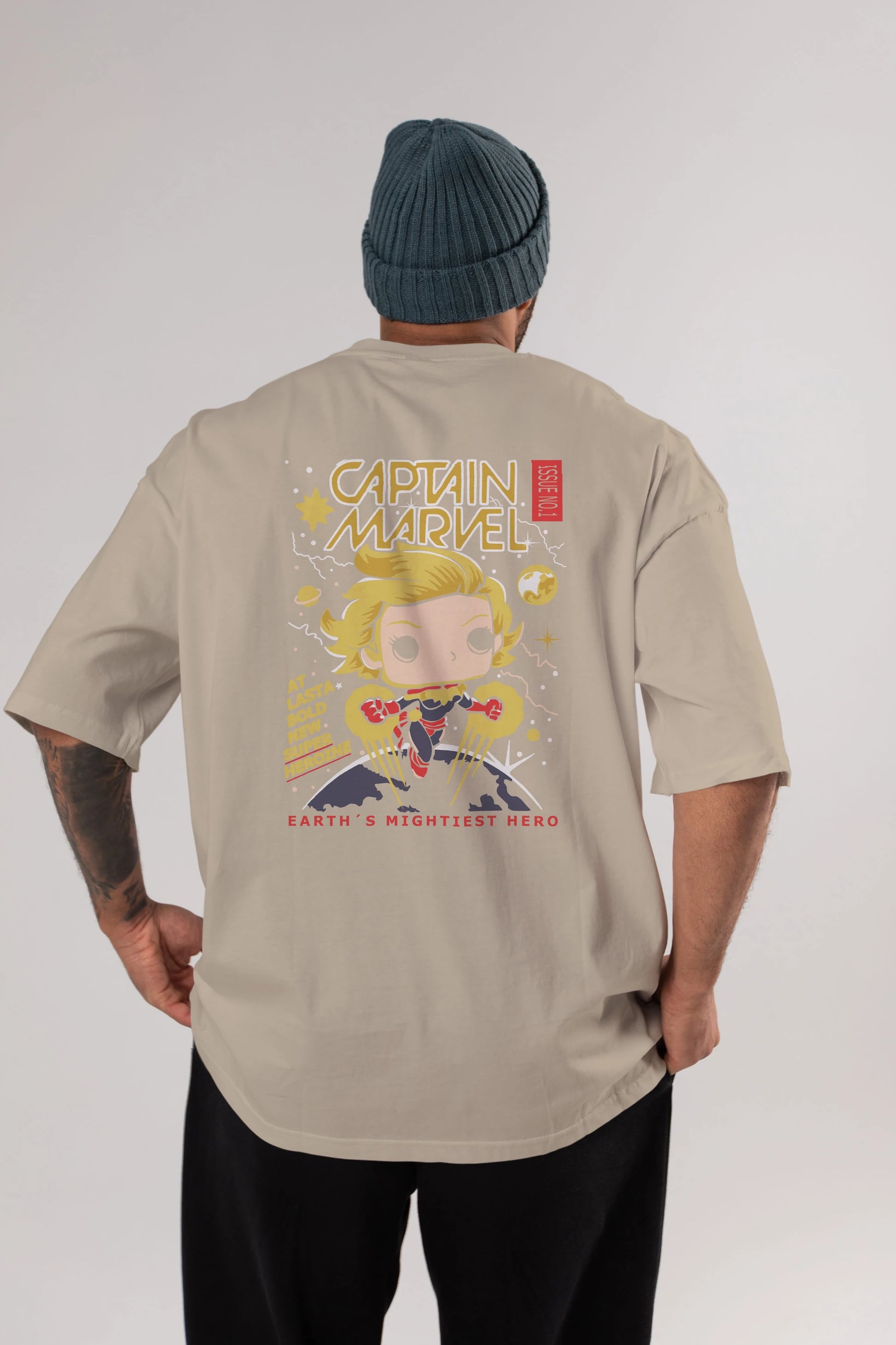 Captain Marvel Arka Baskılı Oversize t-shirt Erkek Kadın Unisex %100 Pamuk Bisiklet Yaka tişort